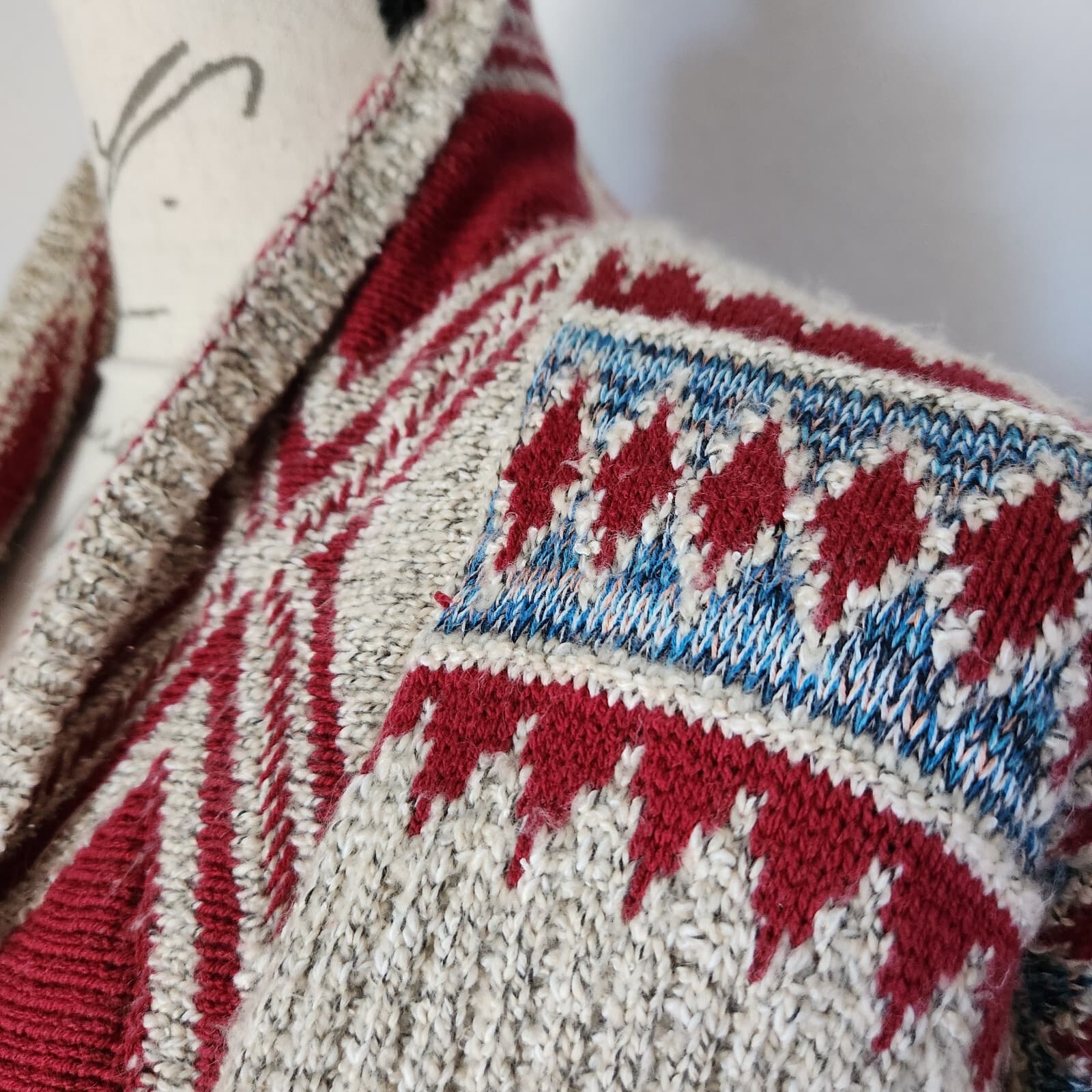Lucky Brand Aztec Southwest Boho Open Cardigan Long Sleeve Pocket Red Beige Sz.M - Thumbnail 4