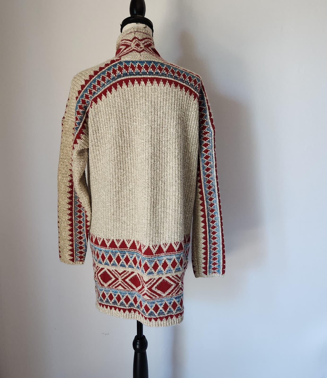 Lucky Brand Aztec Southwest Boho Open Cardigan Long Sleeve Pocket Red Beige Sz.M - Thumbnail 5