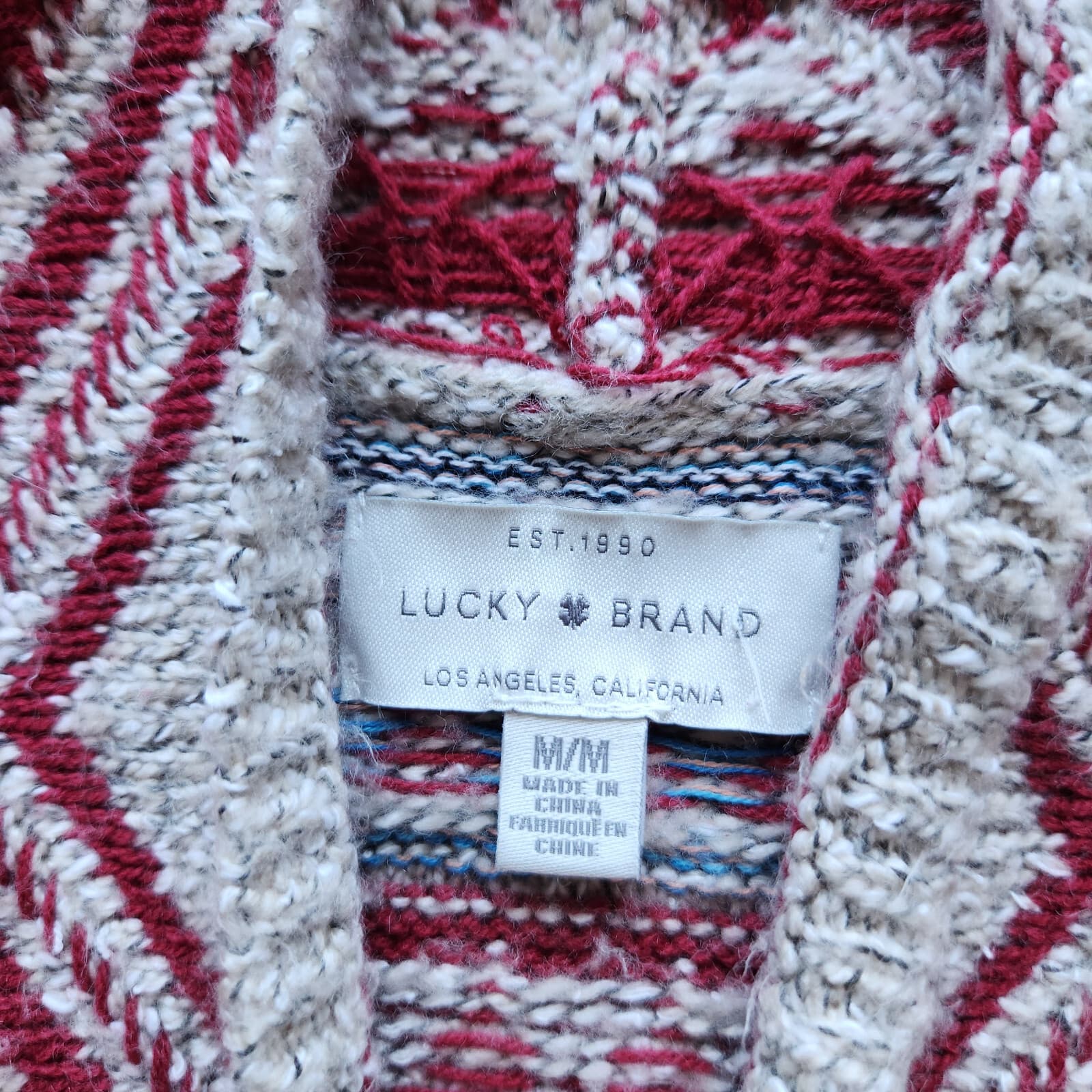 Lucky Brand Aztec Southwest Boho Open Cardigan Long Sleeve Pocket Red Beige Sz.M - Thumbnail 7