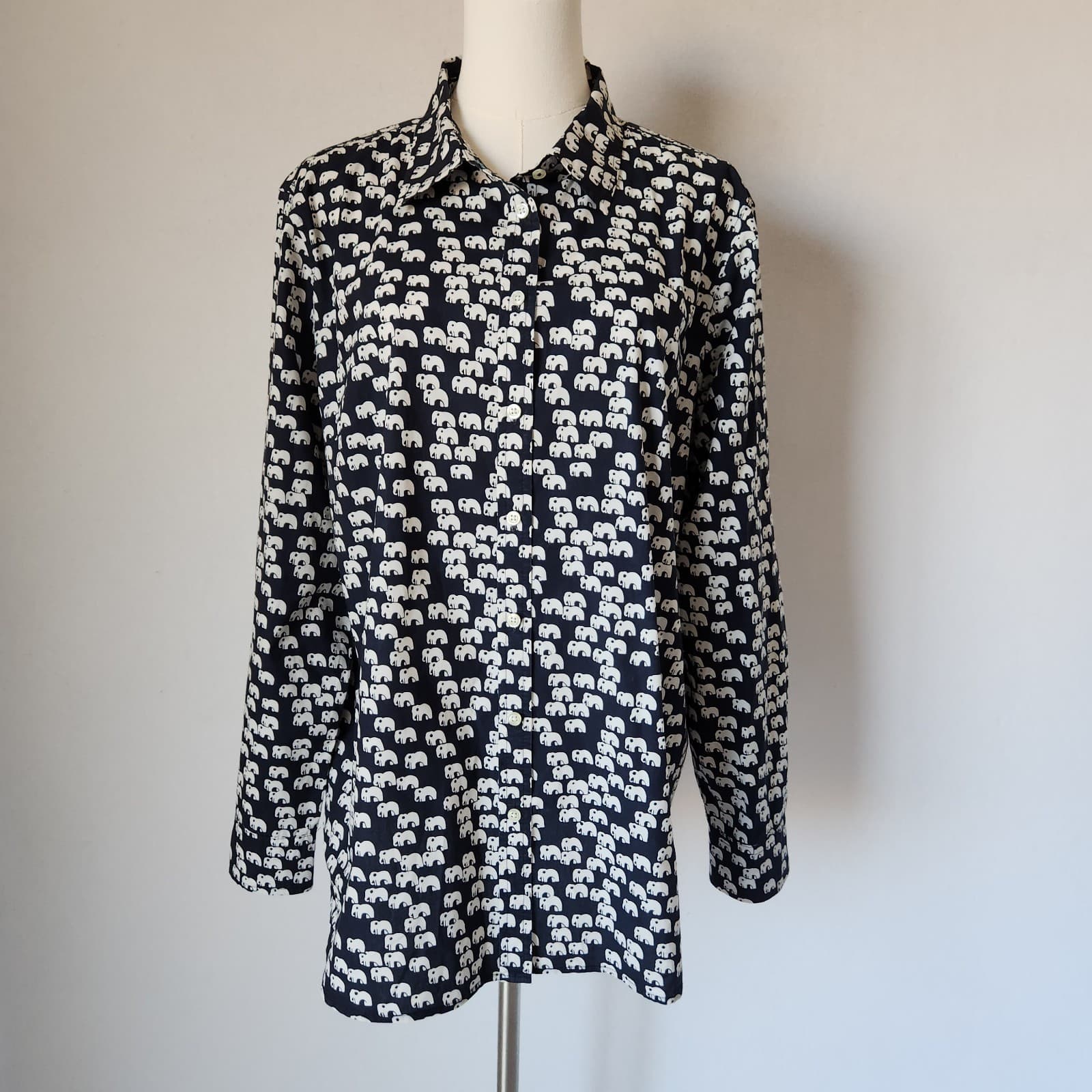 Talbots Elephant Printed Button-Up Tunic Shirt Long Sleeve Navy White Women's XL - Thumbnail 2