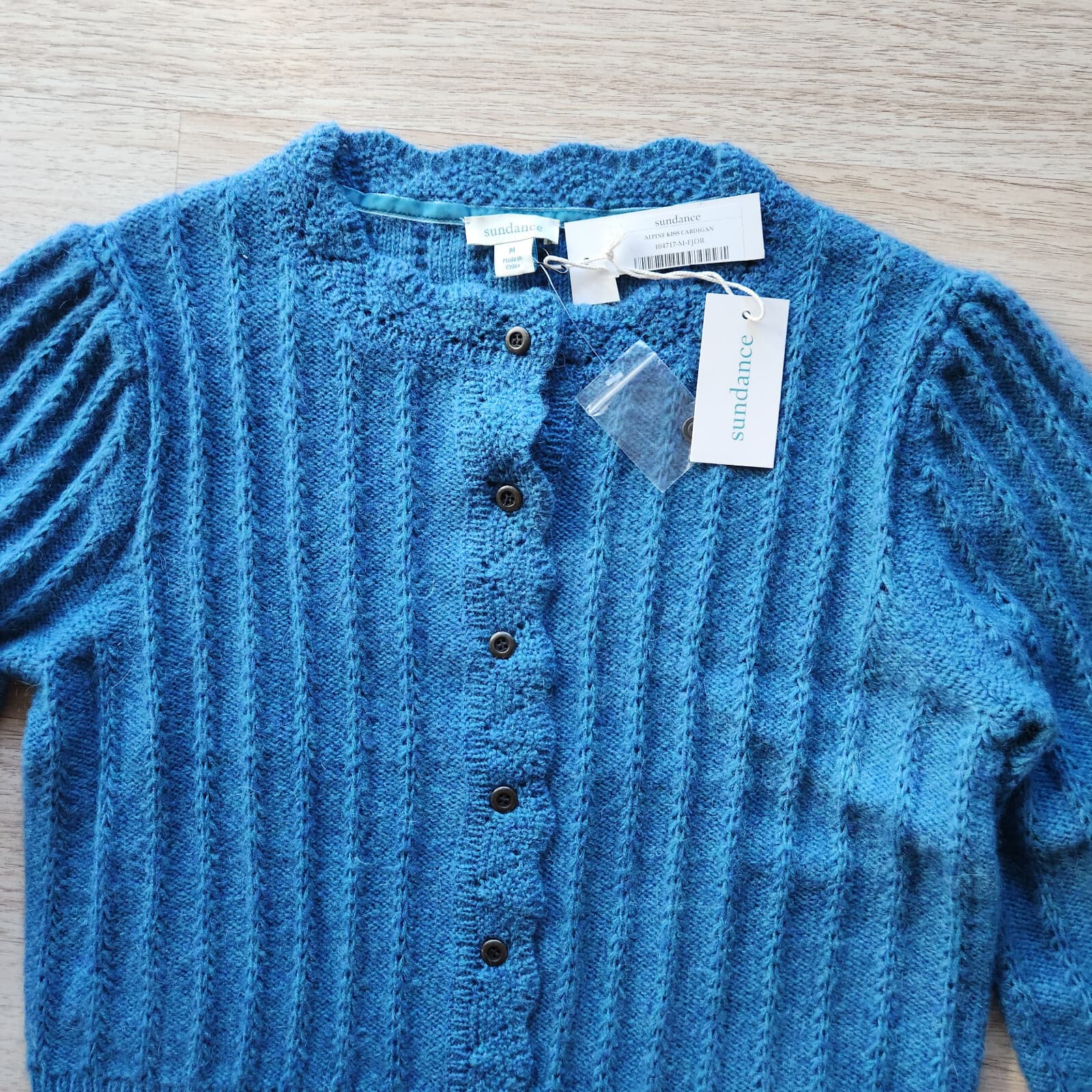 NWT Sundance Alpine Kiss Cable Knit Cardigan Puff Sleeve Wool Blend Blue Sz.M - Thumbnail 7