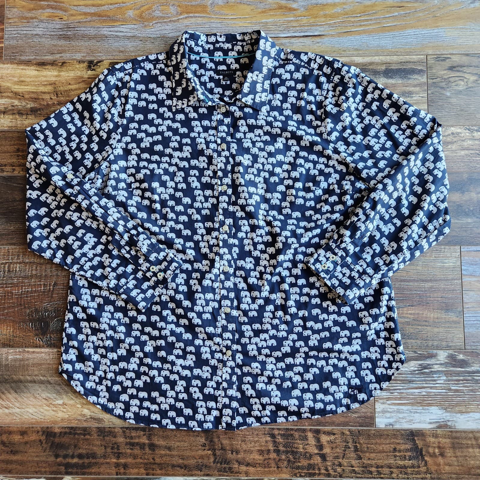 Talbots Elephant Printed Button-Up Tunic Shirt Long Sleeve Navy White Women's XL - Thumbnail 6