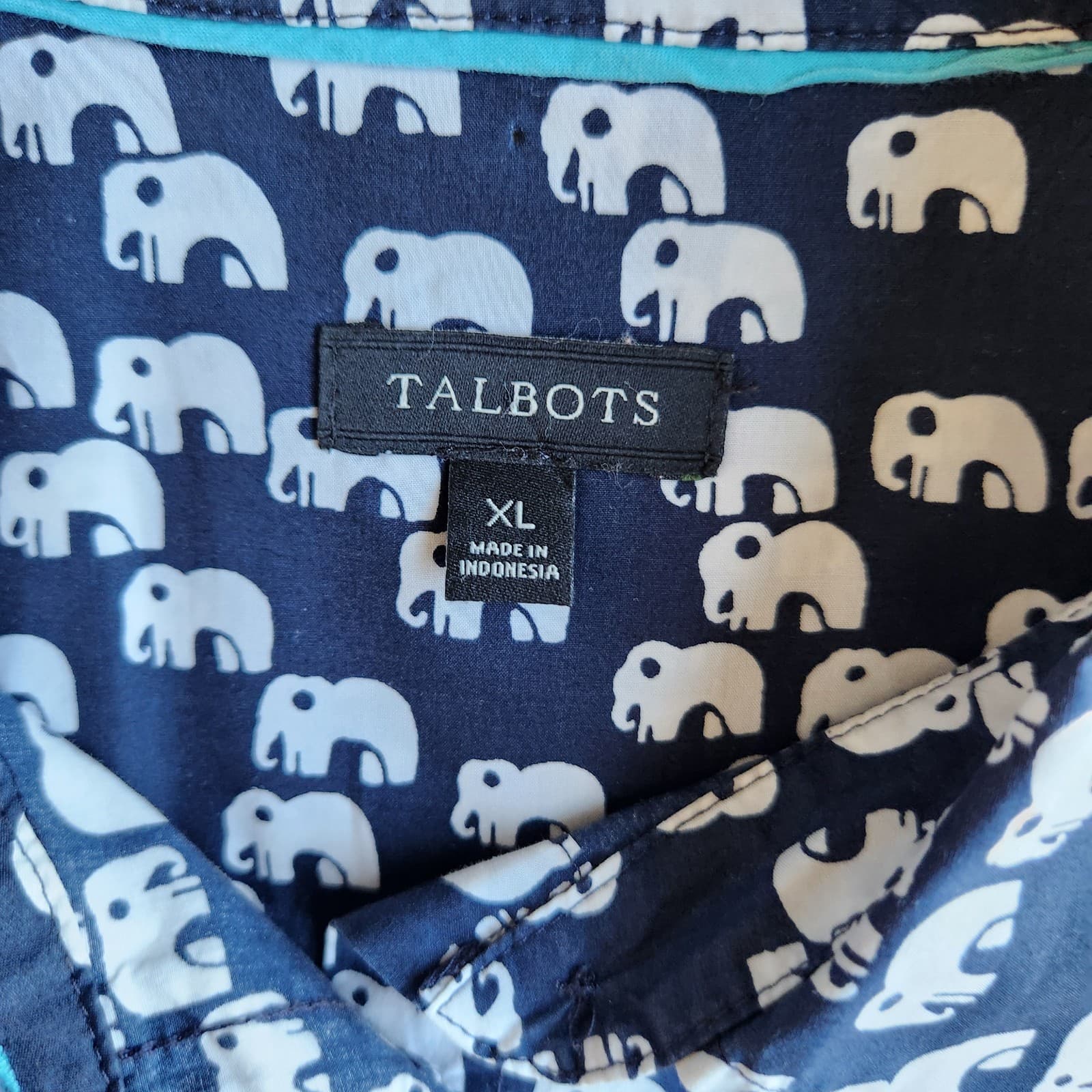 Talbots Elephant Printed Button-Up Tunic Shirt Long Sleeve Navy White Women's XL - Thumbnail 8