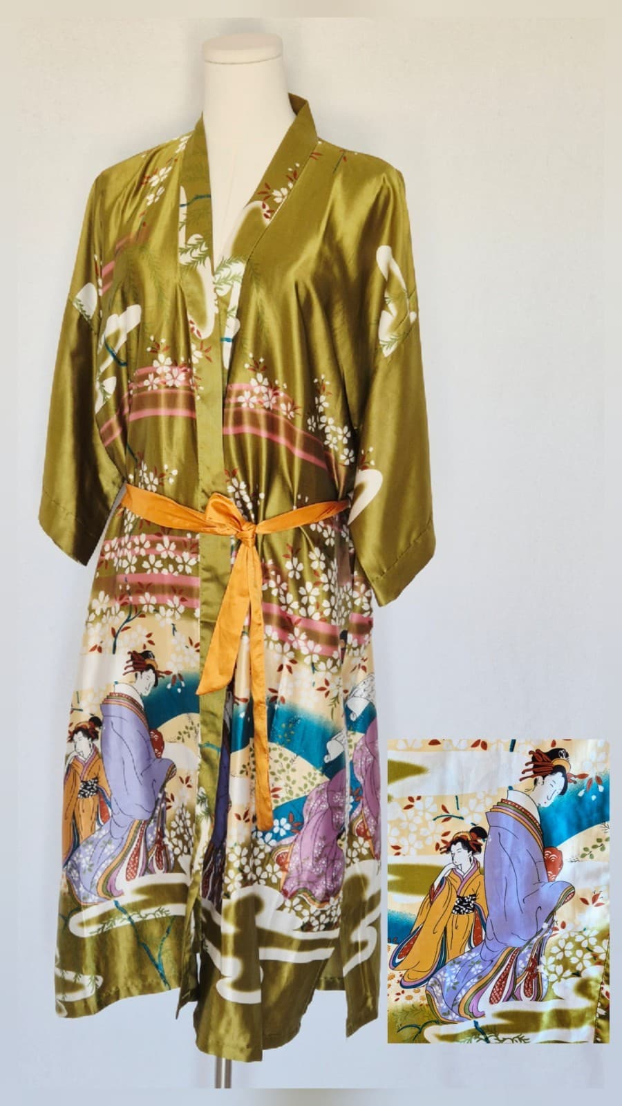 Vintage Oriental Village Japanese Geisha Satin Silk Long Kimono Rope Belt Green