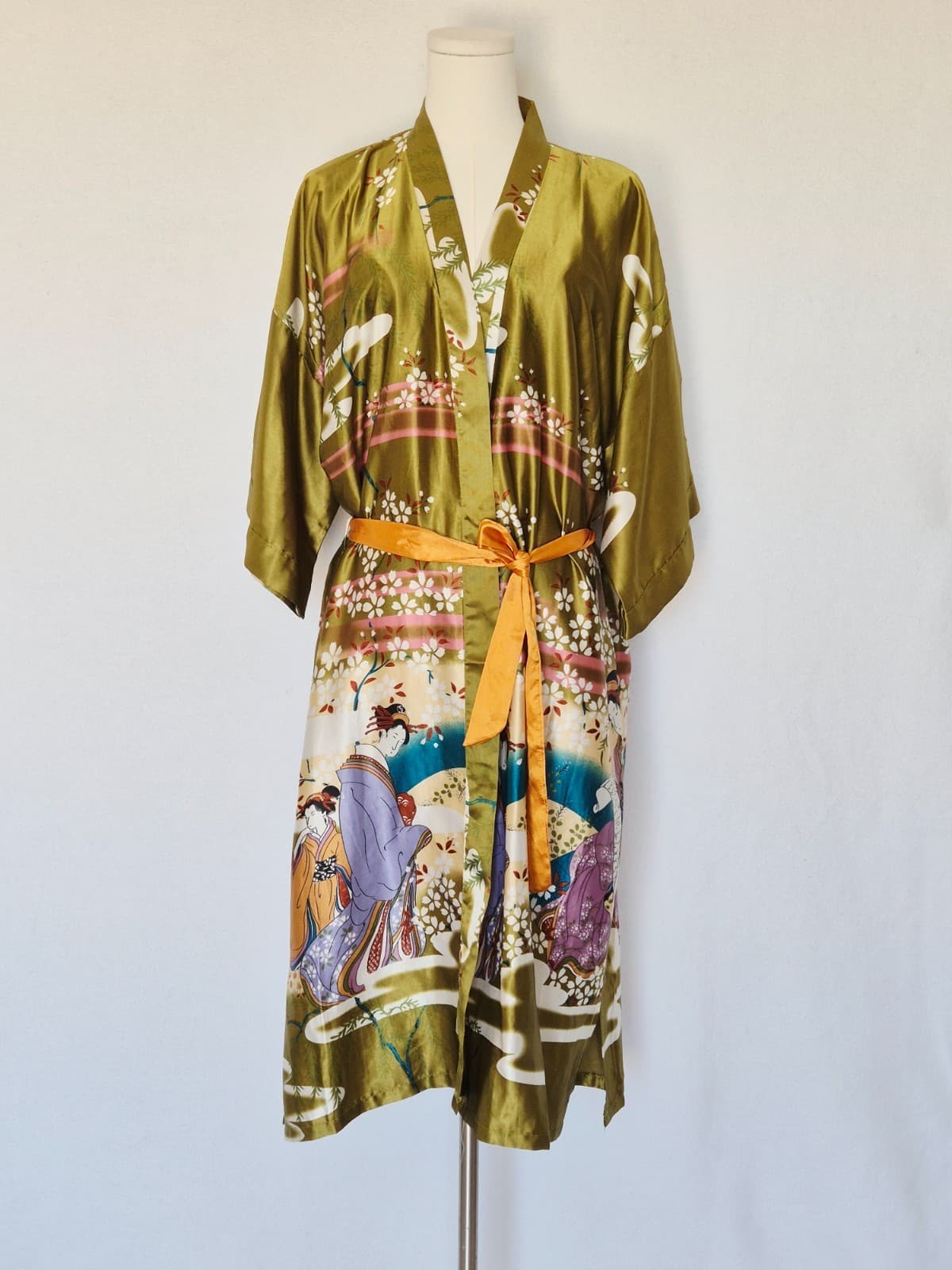 Vintage Oriental Village Japanese Geisha Satin Silk Long Kimono Rope Belt Green - Thumbnail 2