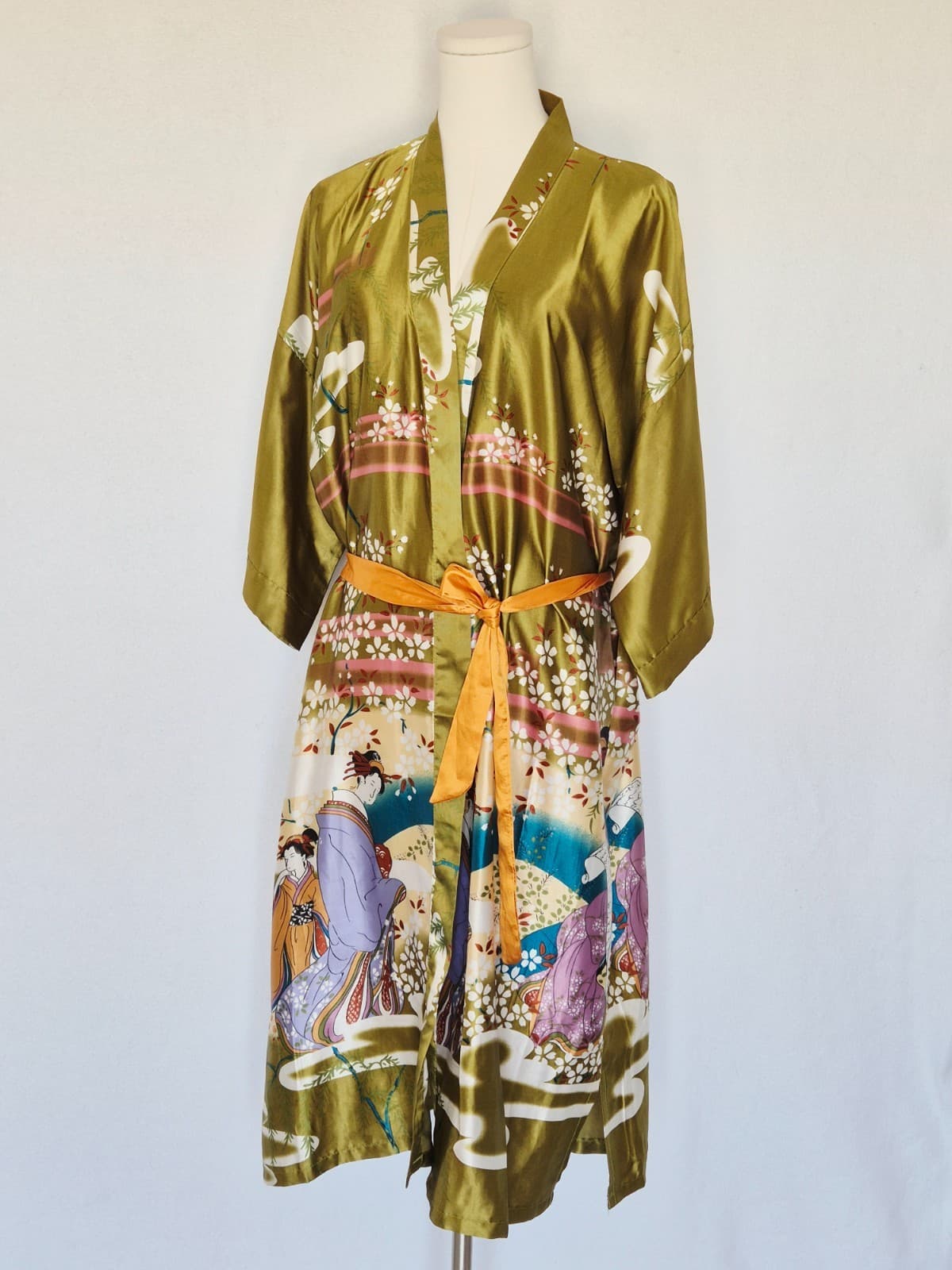 Vintage Oriental Village Japanese Geisha Satin Silk Long Kimono Rope Belt Green - Thumbnail 3