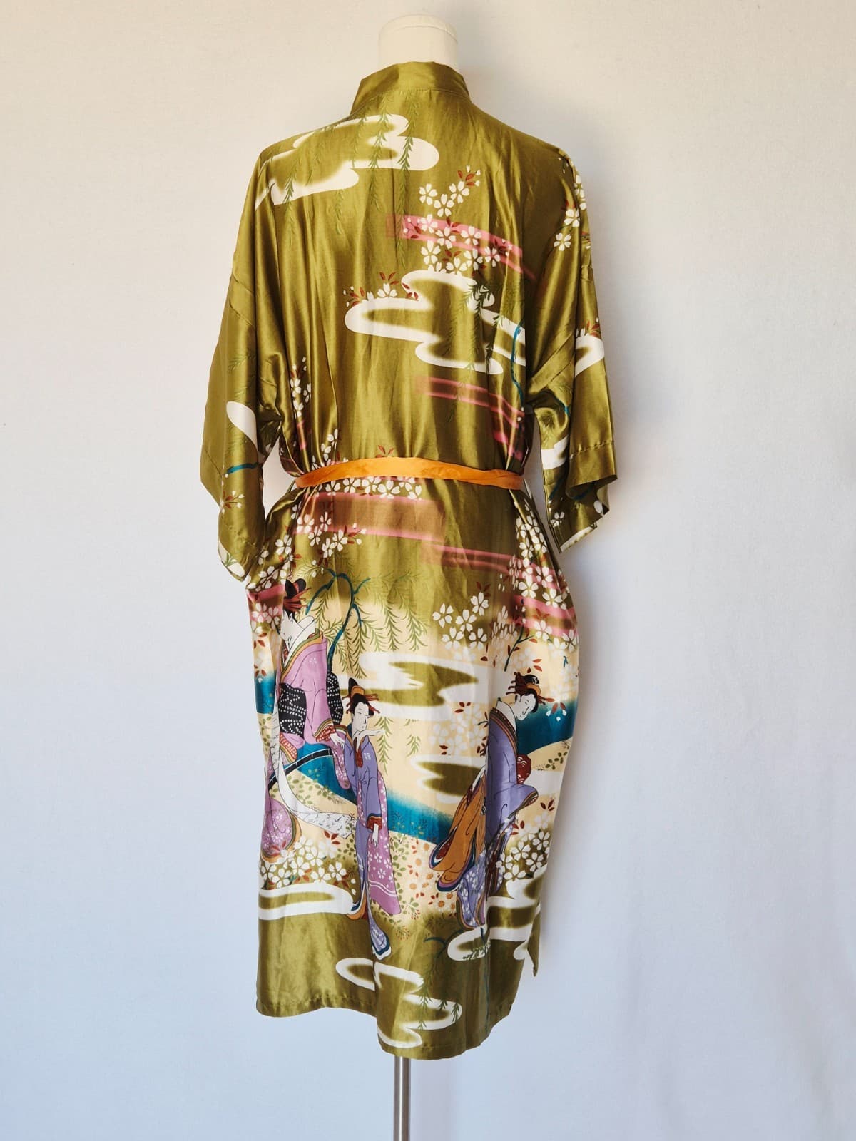 Vintage Oriental Village Japanese Geisha Satin Silk Long Kimono Rope Belt Green - Thumbnail 4