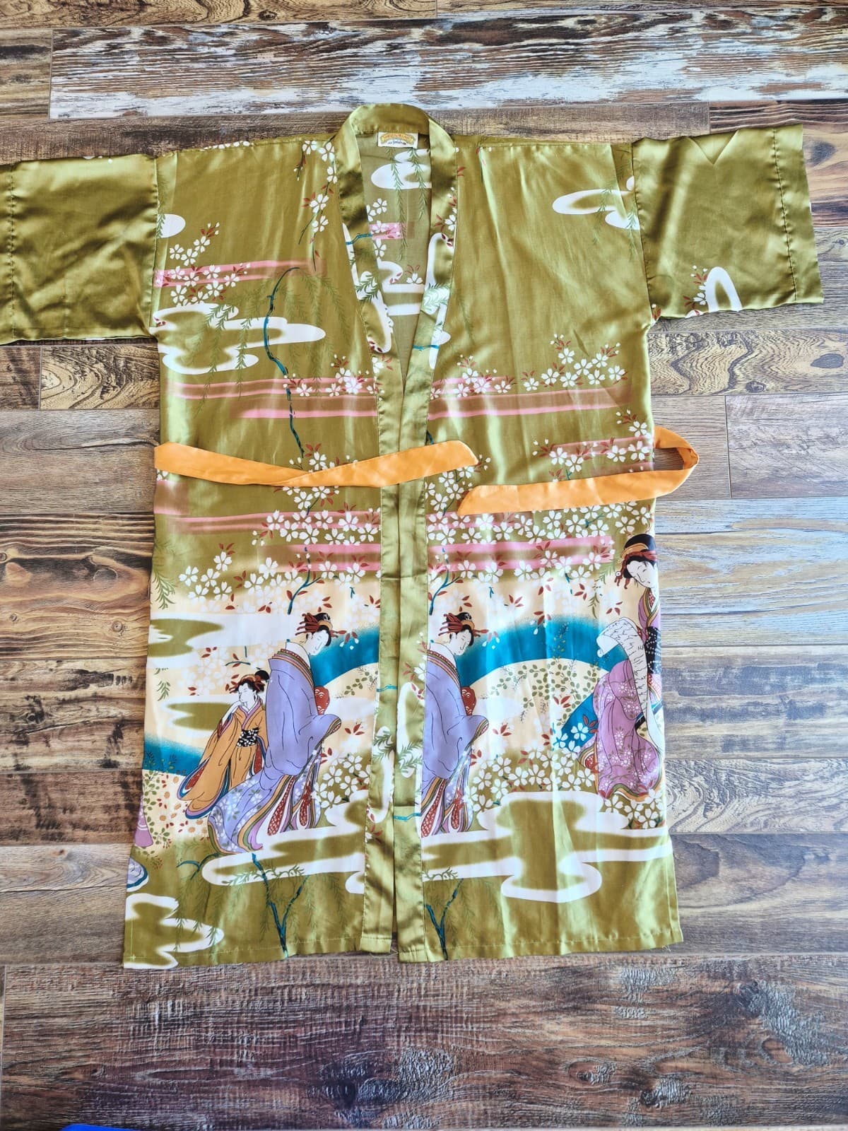 Vintage Oriental Village Japanese Geisha Satin Silk Long Kimono Rope Belt Green - Thumbnail 5