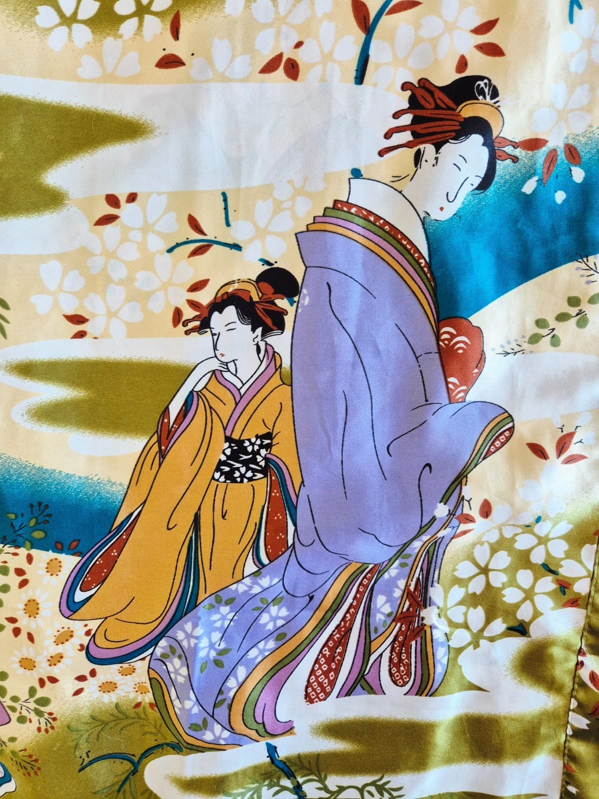 Vintage Oriental Village Japanese Geisha Satin Silk Long Kimono Rope Belt Green - Thumbnail 6