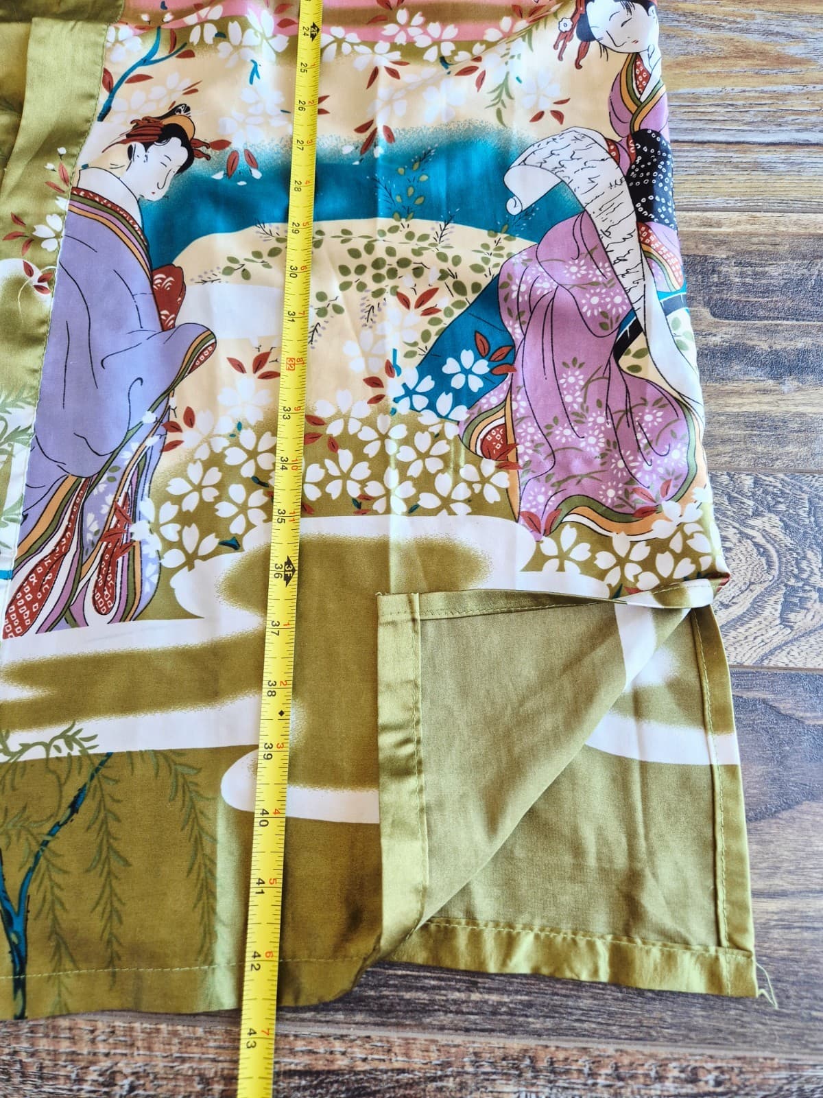 Vintage Oriental Village Japanese Geisha Satin Silk Long Kimono Rope Belt Green - Thumbnail 10