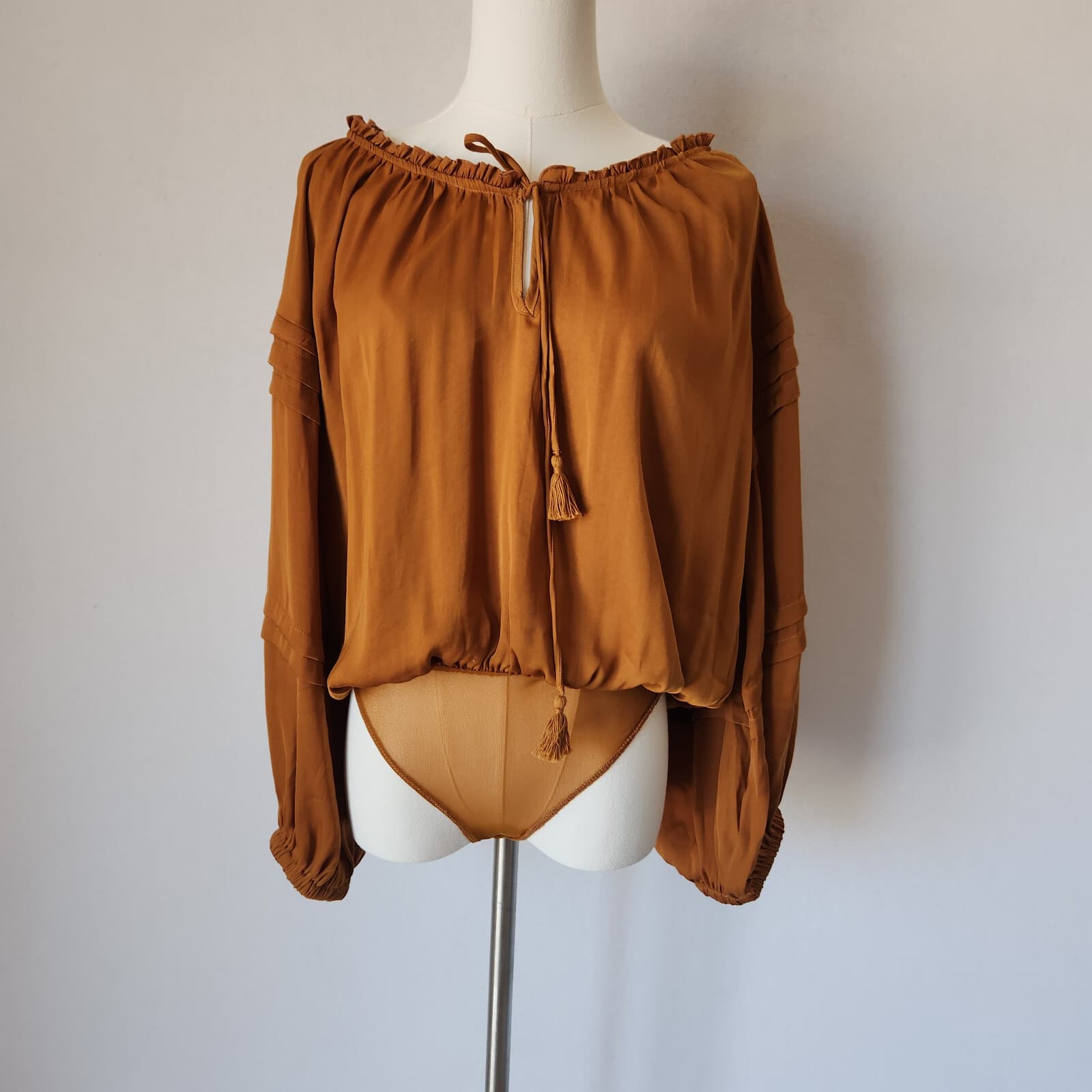 NWT Free People Intimately All Tucks Bodysuit Tassel Satin Autumn Pearl Sz.XS - Thumbnail 2
