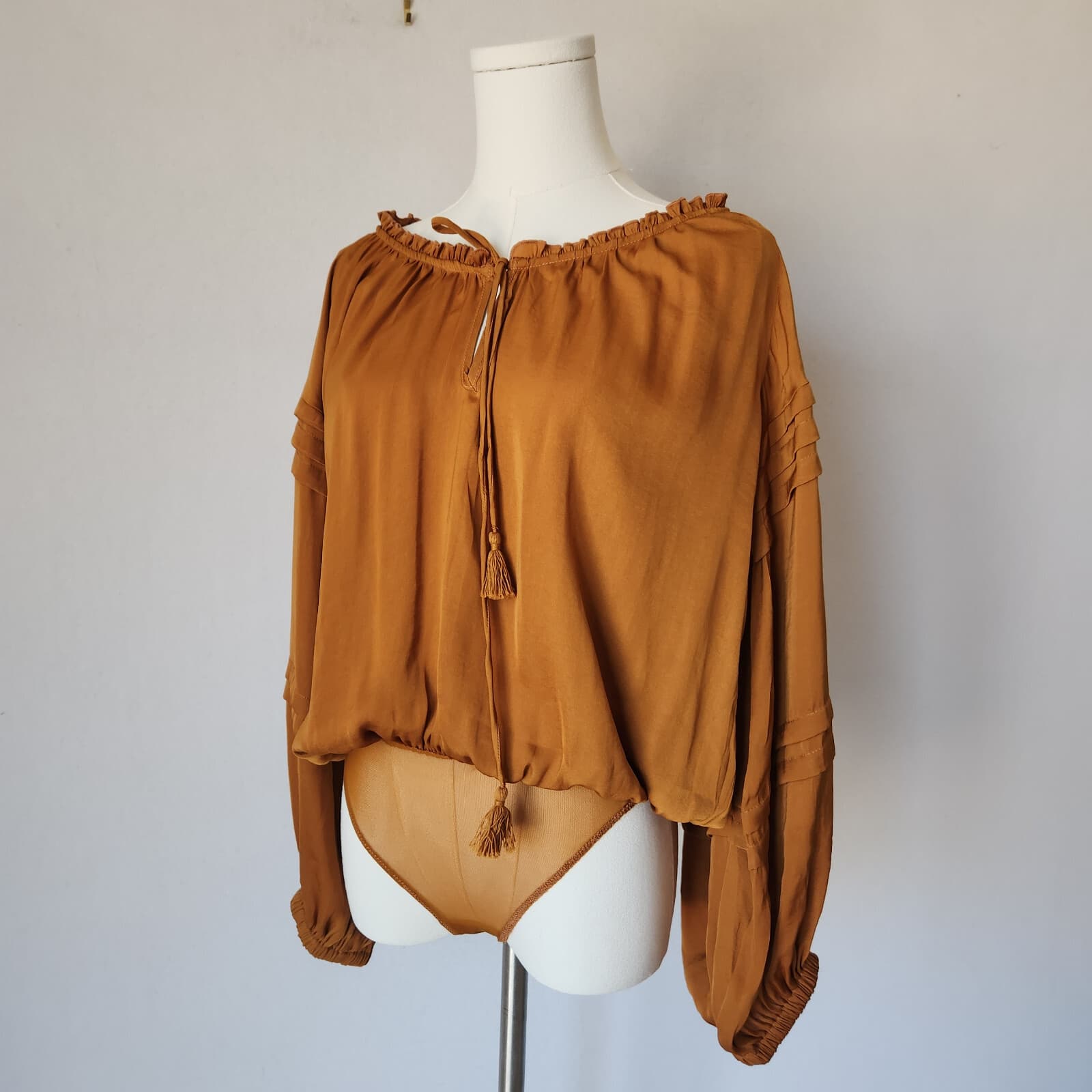 NWT Free People Intimately All Tucks Bodysuit Tassel Satin Autumn Pearl Sz.XS - Thumbnail 4