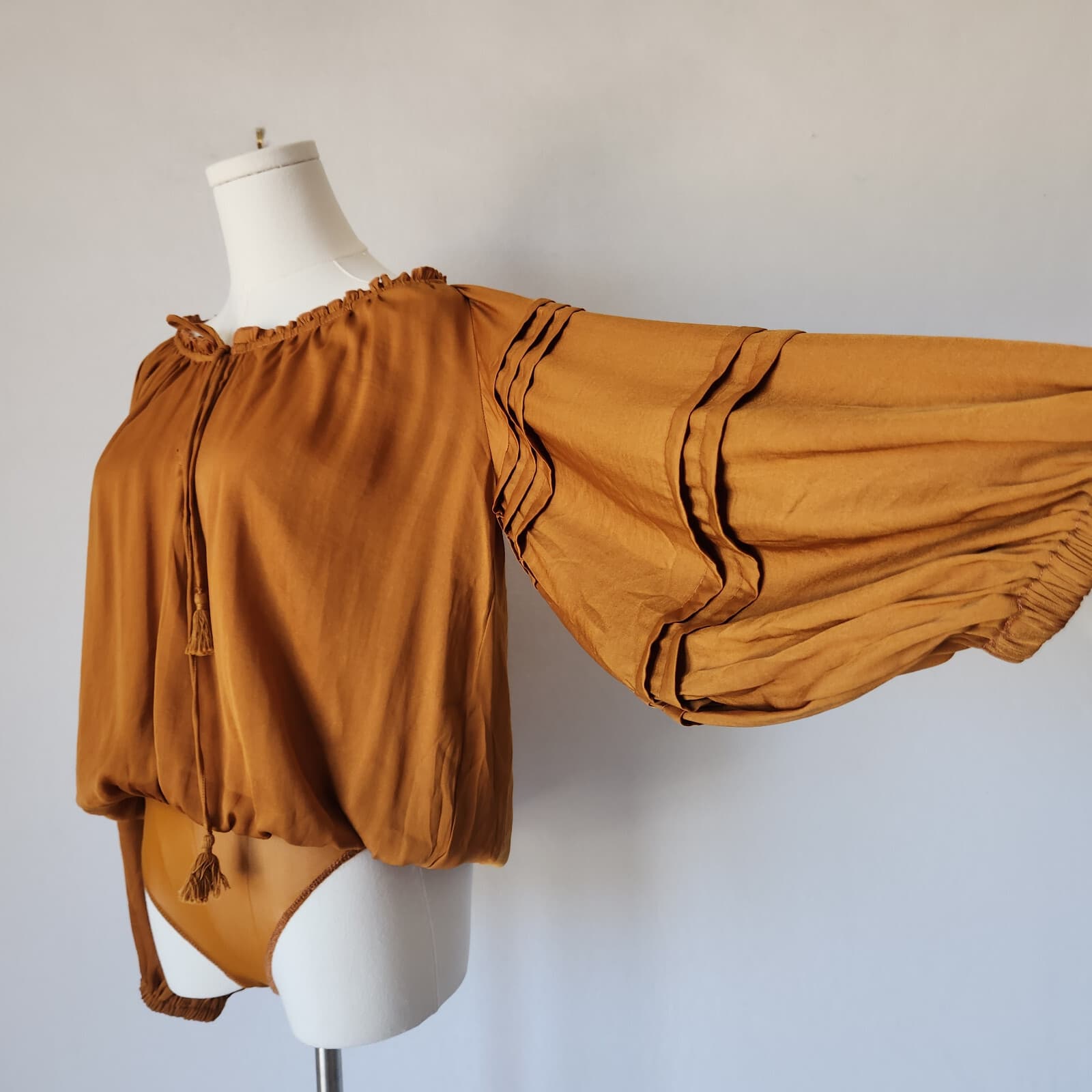 NWT Free People Intimately All Tucks Bodysuit Tassel Satin Autumn Pearl Sz.XS - Thumbnail 6