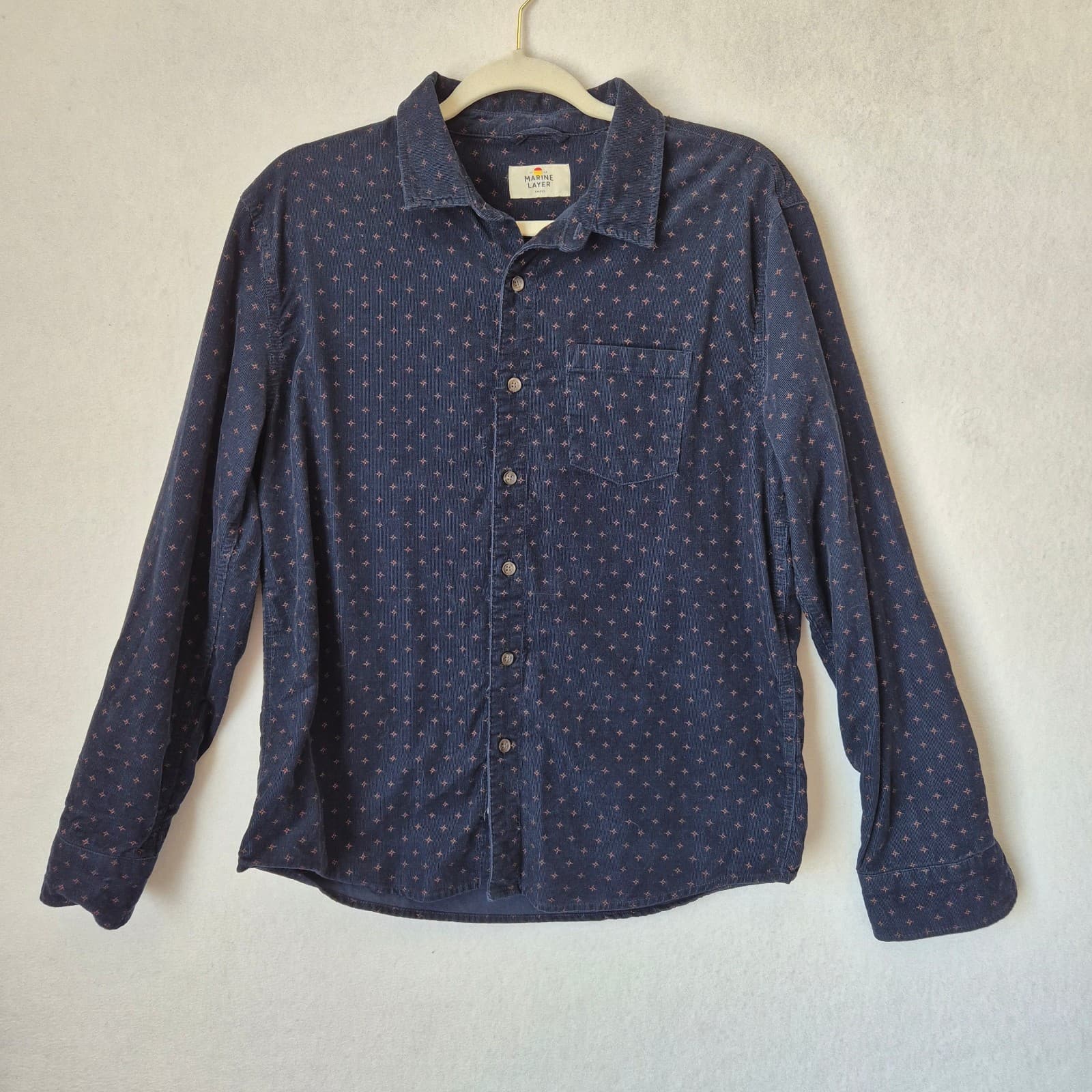 Marine Layer Corduroy Star-Printed Button-Up Shirt Long Sleeve Blue Cotton Men S - Thumbnail 2