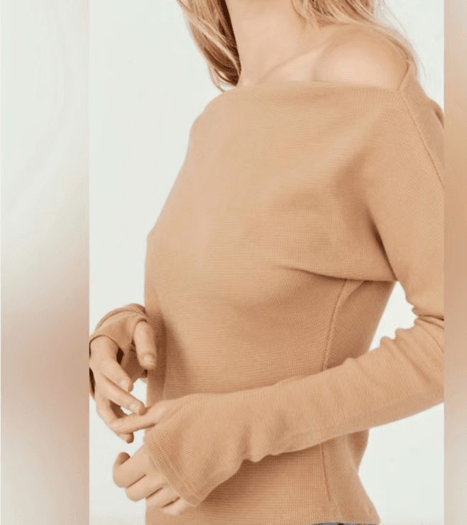 NWT We The Free Fuji Off The Shoulder Thermal Top Long Sleeve Pale Camel Sz.M - Thumbnail 3