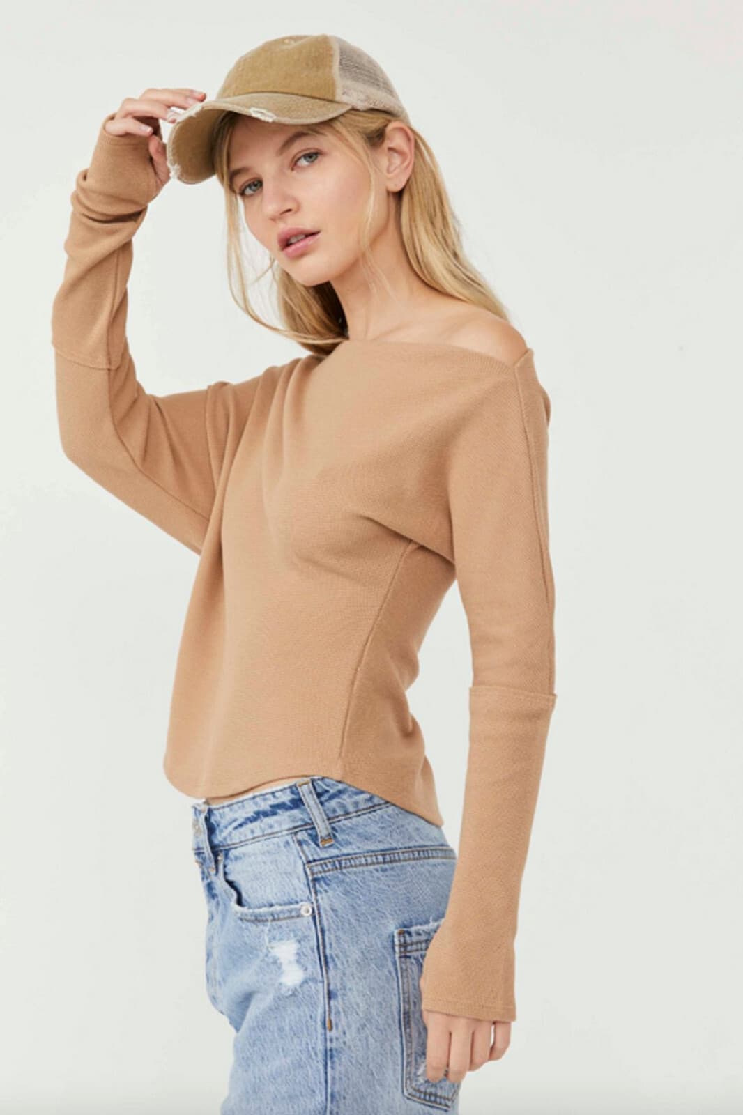 NWT We The Free Fuji Off The Shoulder Thermal Top Long Sleeve Pale Camel Sz.M - Thumbnail 5