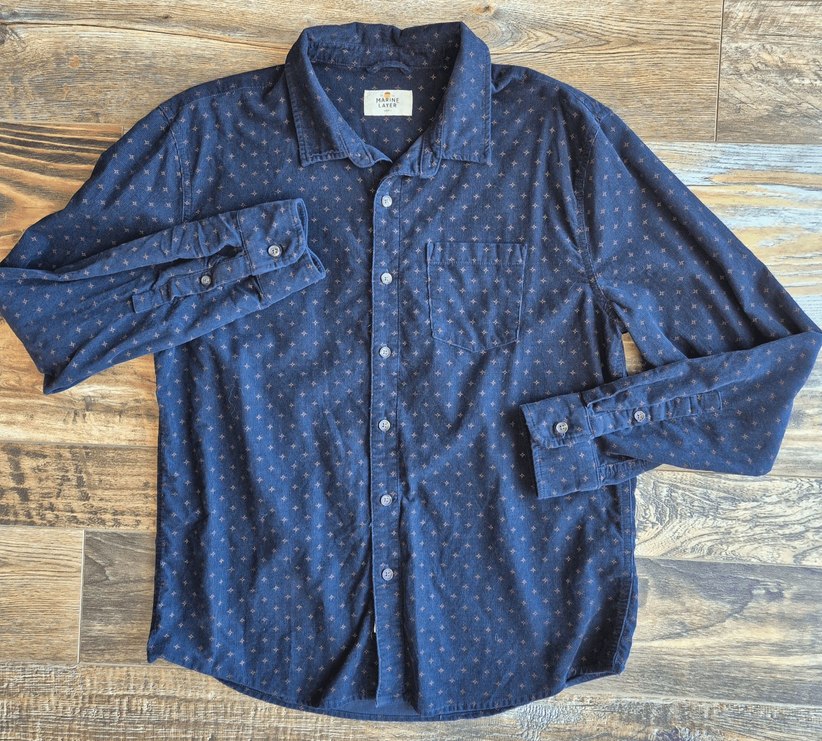 Marine Layer Corduroy Star-Printed Button-Up Shirt Long Sleeve Blue Cotton Men S