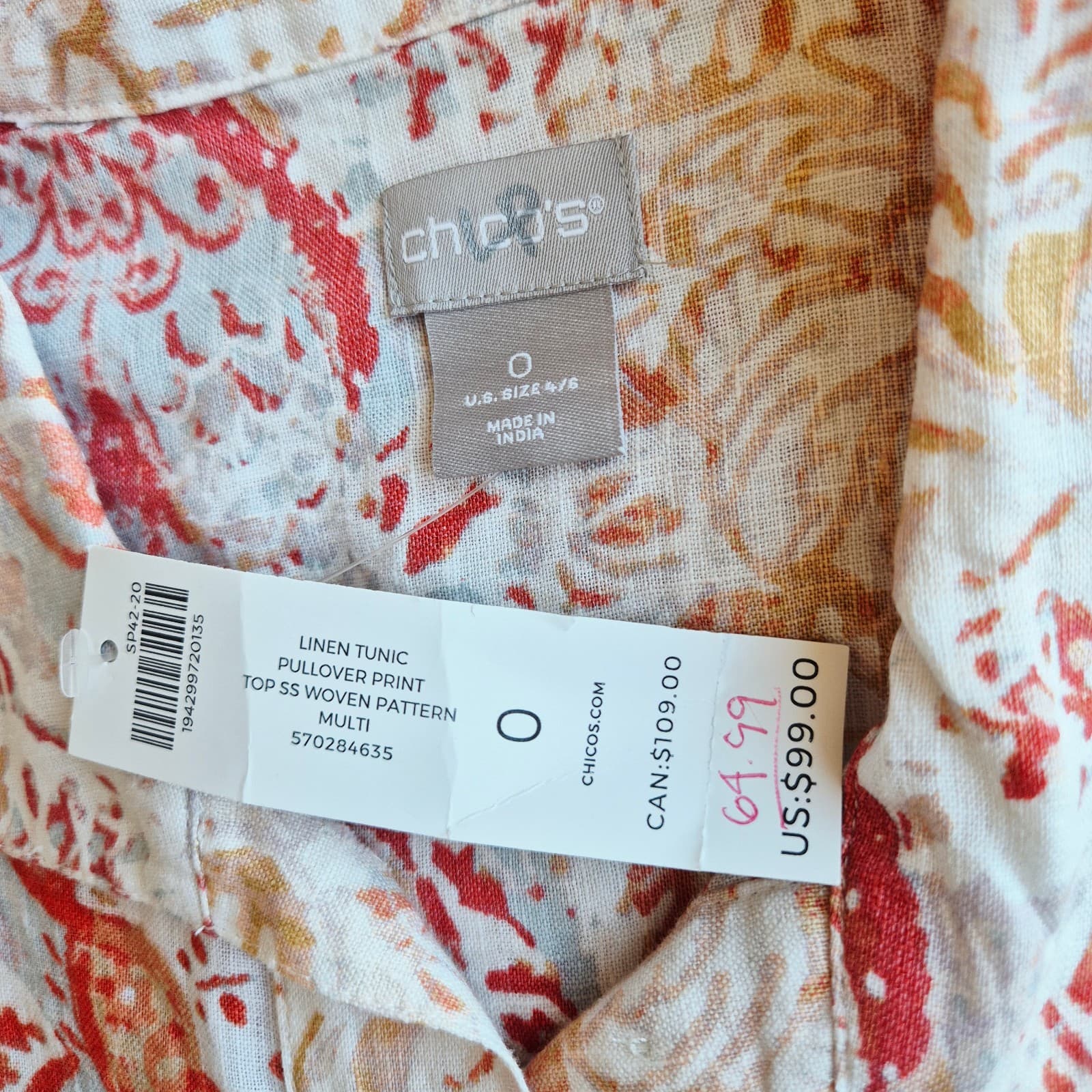 NWT Chico's Linen Tunic Popover Medallion Print Top Button 3/4 Sleeve Sz.0 (4/6) - Thumbnail 6