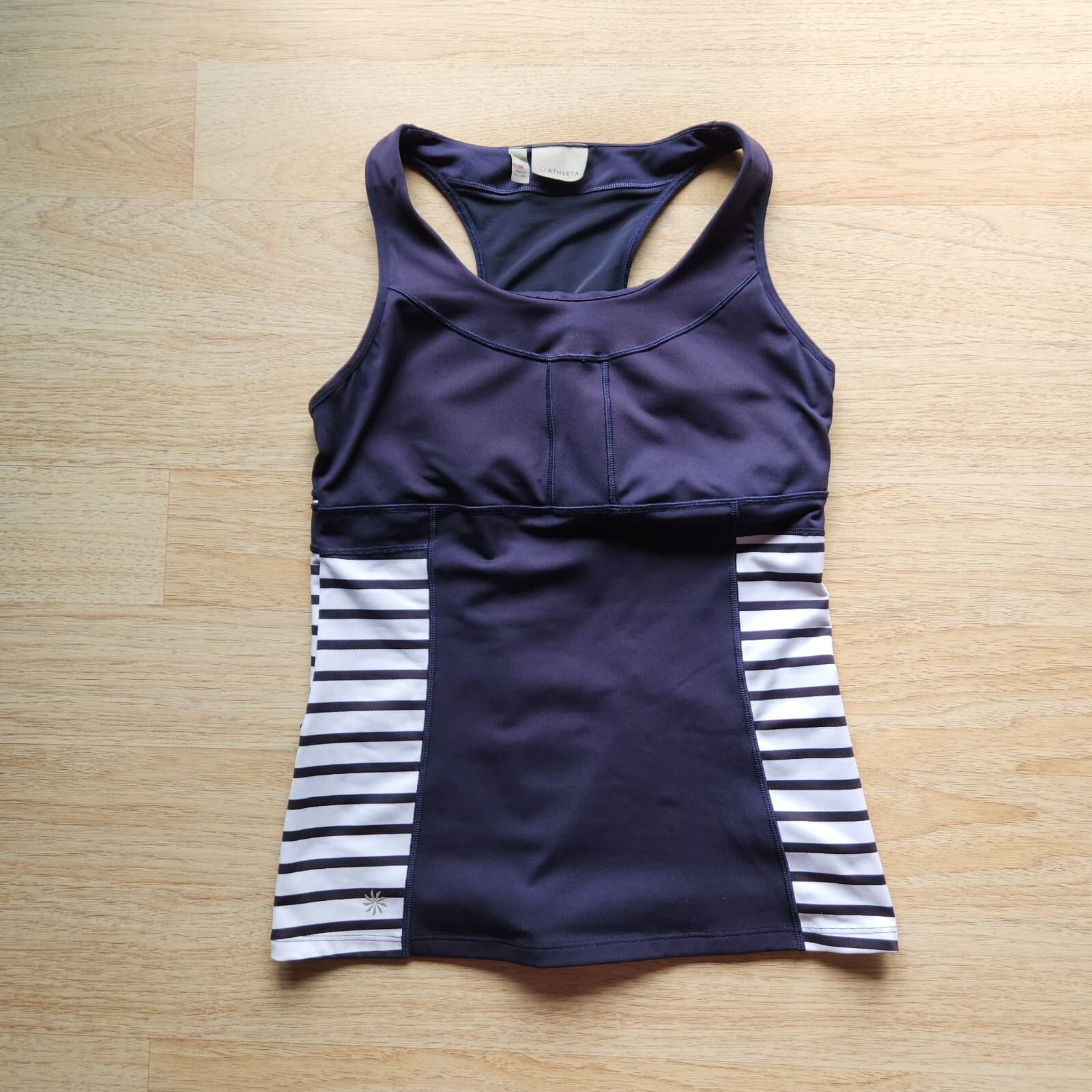 Athleta Hyper Stripe PR2 Activewear Tank Top Racerback Pocket Blue White Women M - Thumbnail 7