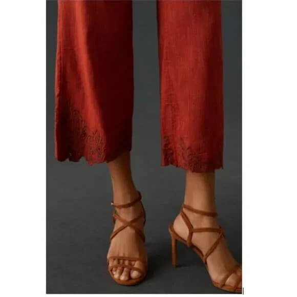 NWT Anthropologie $198 Embroidered Hem Wide-Leg Crop Pants High Rise Red 8 Tall - Thumbnail 6