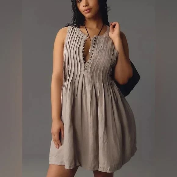 By Anthropologie 100% Linen Sleeveless Pleated Mini Dress Light Brown Women's S - Thumbnail 4