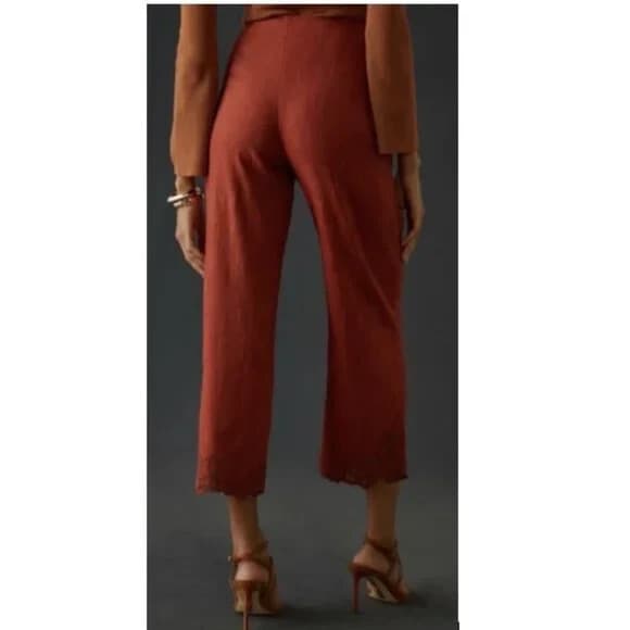 NWT Anthropologie $198 Embroidered Hem Wide-Leg Crop Pants High Rise Red 8 Tall - Thumbnail 8