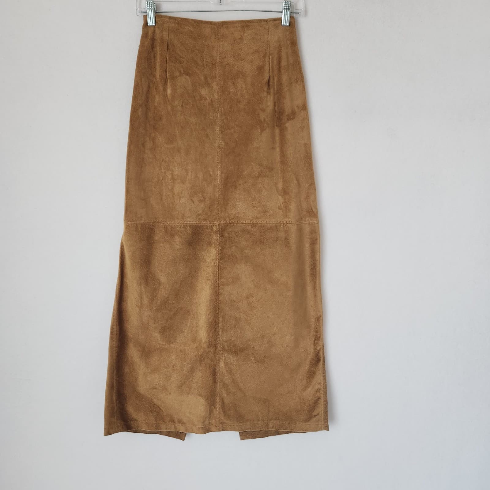 Vintage Double D Ranch Brown Suede Maxi Skirt Elastic-Waist Back-Slit Sz.S - Thumbnail 2