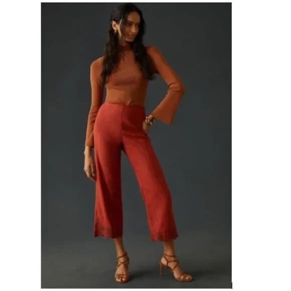 NWT Anthropologie $198 Embroidered Hem Wide-Leg Crop Pants High Rise Red 8 Tall - Thumbnail 3