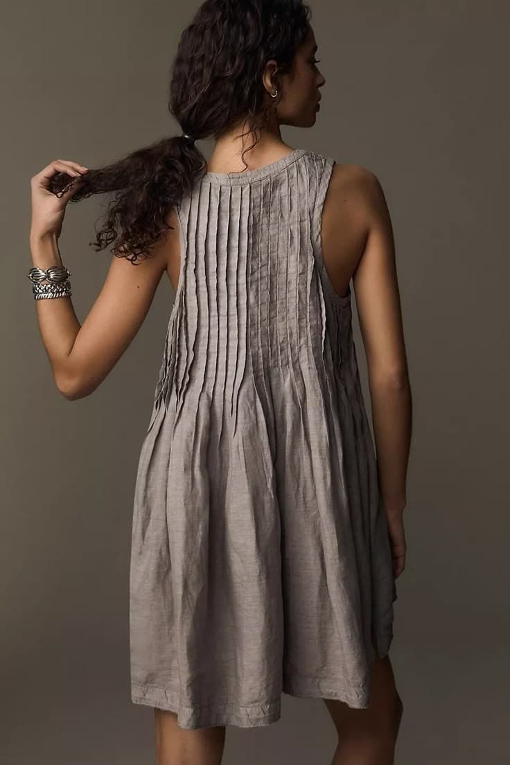 By Anthropologie 100% Linen Sleeveless Pleated Mini Dress Light Brown Women's S - Thumbnail 8