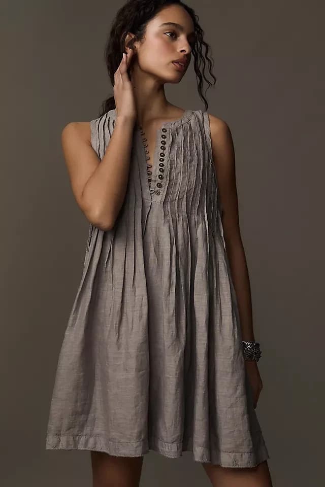 By Anthropologie 100% Linen Sleeveless Pleated Mini Dress Light Brown Women's S - Thumbnail 2
