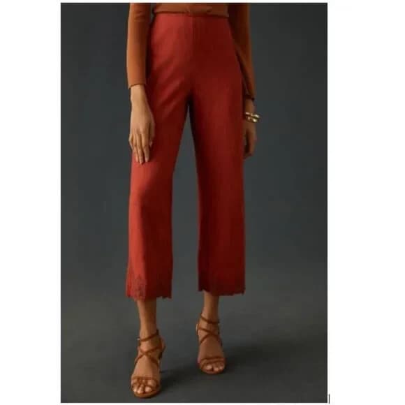 NWT Anthropologie $198 Embroidered Hem Wide-Leg Crop Pants High Rise Red 8 Tall - Thumbnail 5