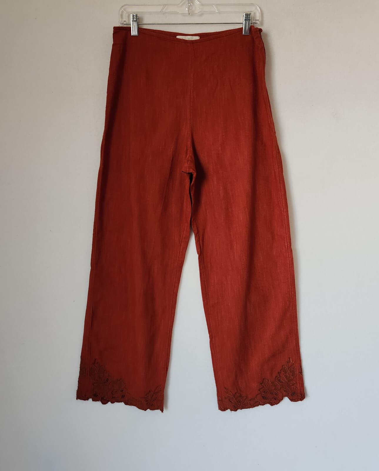 NWT Anthropologie $198 Embroidered Hem Wide-Leg Crop Pants High Rise Red 8 Tall - Thumbnail 2