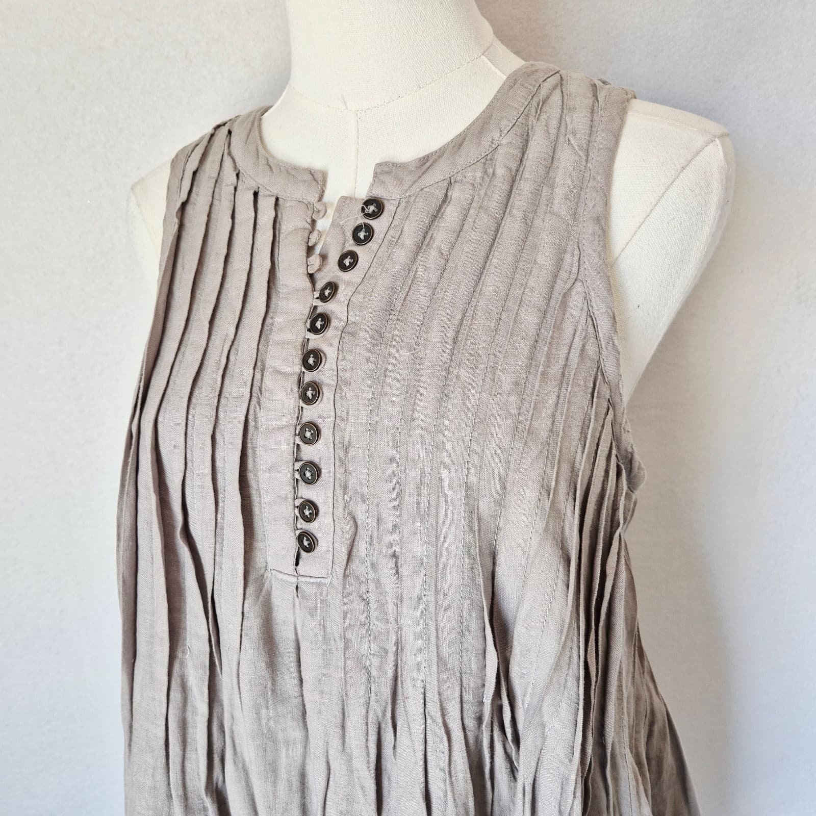 By Anthropologie 100% Linen Sleeveless Pleated Mini Dress Light Brown Women's S - Thumbnail 5