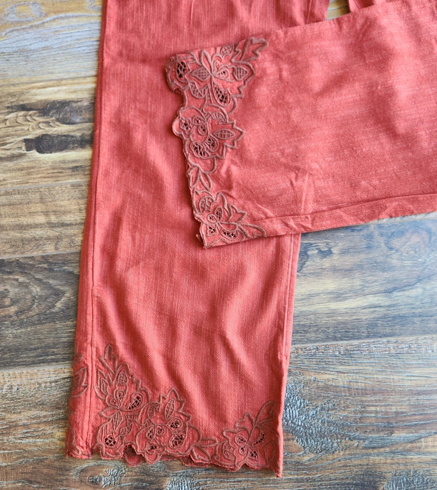 NWT Anthropologie $198 Embroidered Hem Wide-Leg Crop Pants High Rise Red 8 Tall - Thumbnail 4