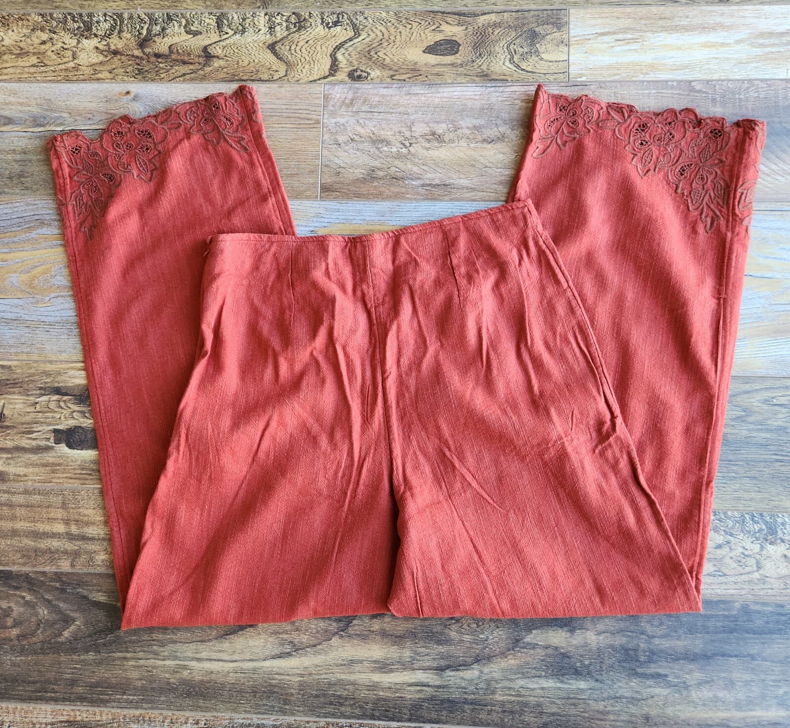 NWT Anthropologie $198 Embroidered Hem Wide-Leg Crop Pants High Rise Red 8 Tall - Thumbnail 9