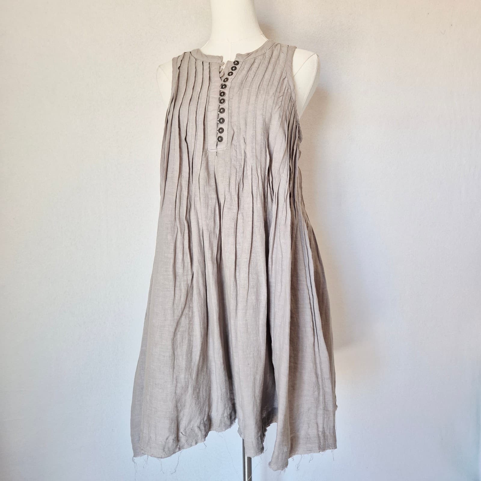 By Anthropologie 100% Linen Sleeveless Pleated Mini Dress Light Brown Women's S