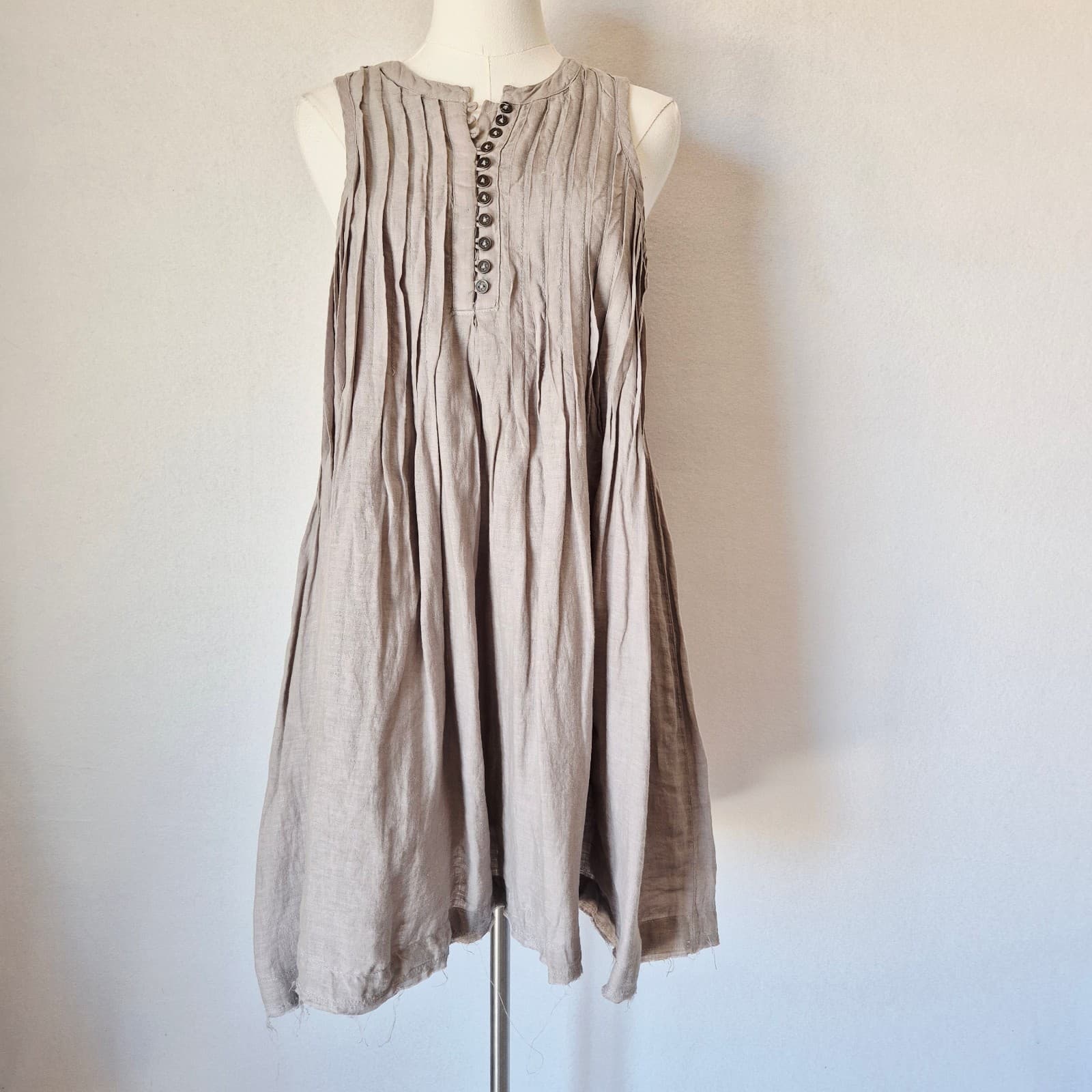 By Anthropologie 100% Linen Sleeveless Pleated Mini Dress Light Brown Women's S - Thumbnail 3
