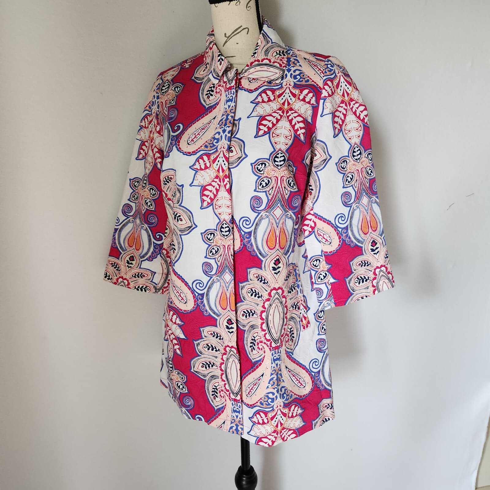 NWT Chico's Floral Pleat Back Topper Jacket 3/4 Sleeve Cotton Multicolor 0 (4/6) - Thumbnail 2