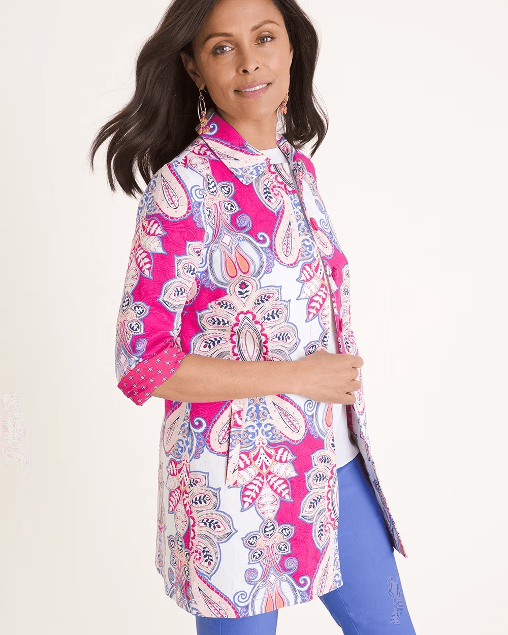NWT Chico's Floral Pleat Back Topper Jacket 3/4 Sleeve Cotton Multicolor 0 (4/6) - Thumbnail 6