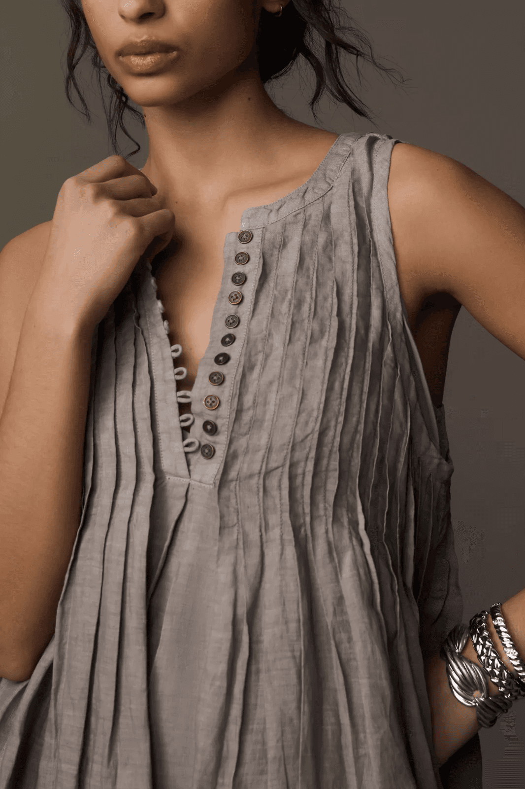 By Anthropologie 100% Linen Sleeveless Pleated Mini Dress Light Brown Women's S - Thumbnail 6