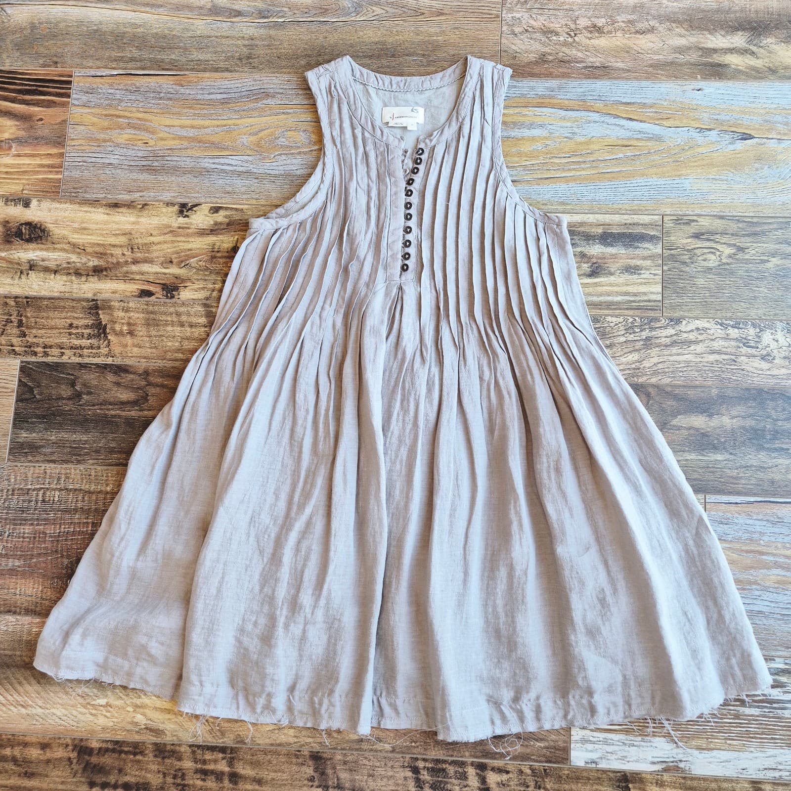 By Anthropologie 100% Linen Sleeveless Pleated Mini Dress Light Brown Women's S - Thumbnail 7