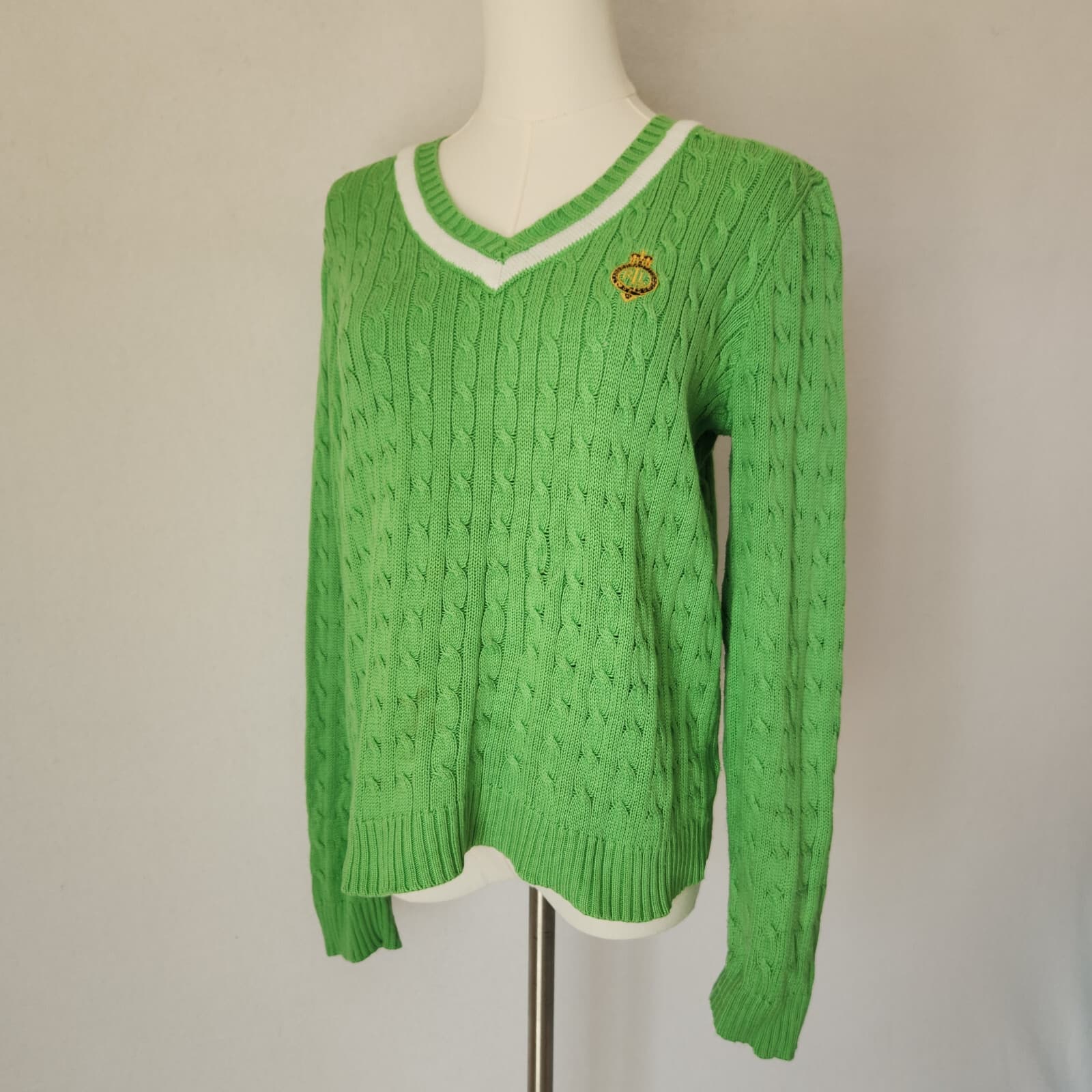 Vintage Ralph Lauren Active Cricket Tennis Cable Knit V-Neck Sweater Green Sz.M - Thumbnail 2