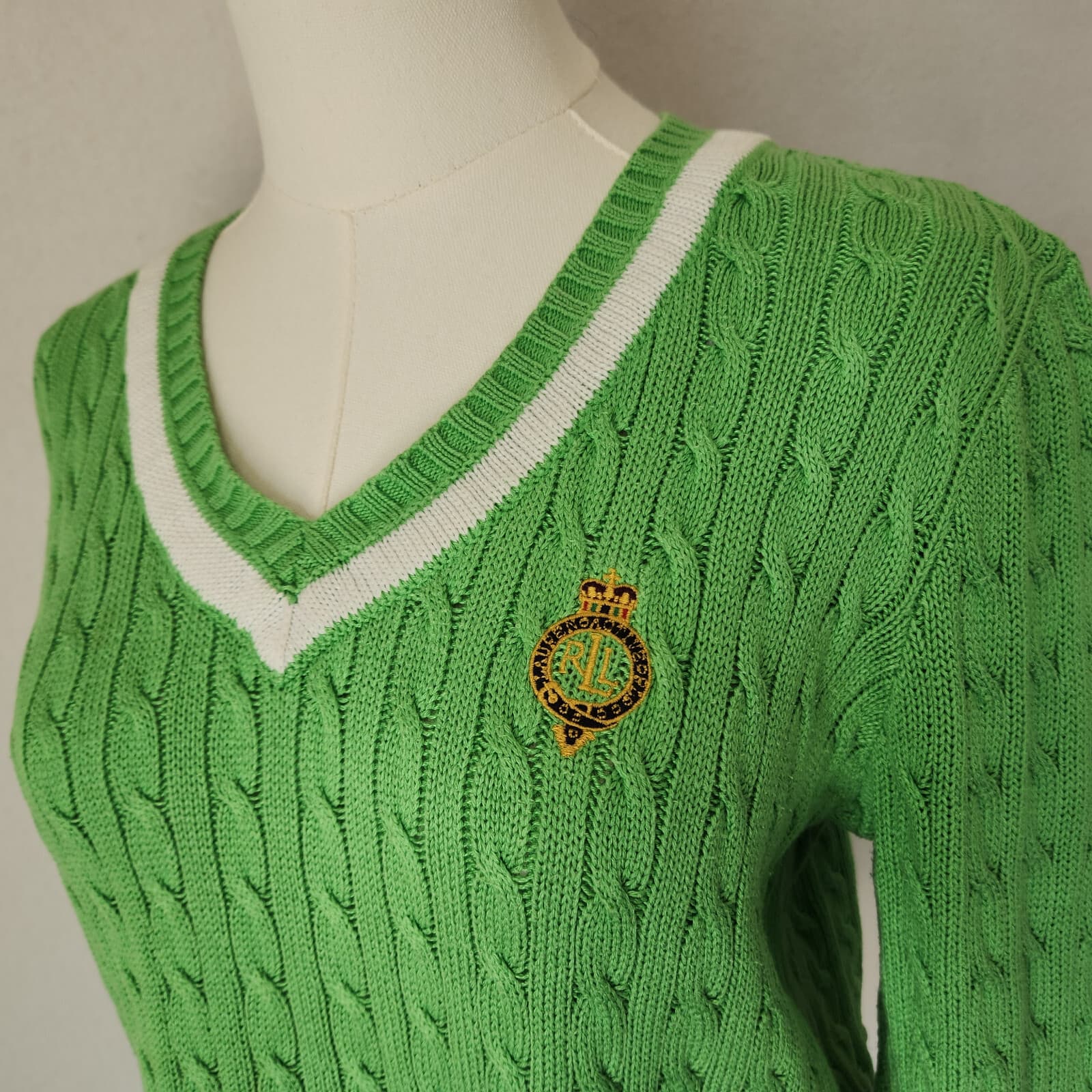Vintage Ralph Lauren Active Cricket Tennis Cable Knit V-Neck Sweater Green Sz.M - Thumbnail 4