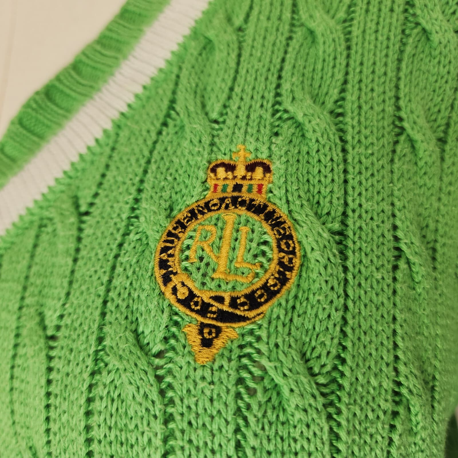 Vintage Ralph Lauren Active Cricket Tennis Cable Knit V-Neck Sweater Green Sz.M - Thumbnail 5