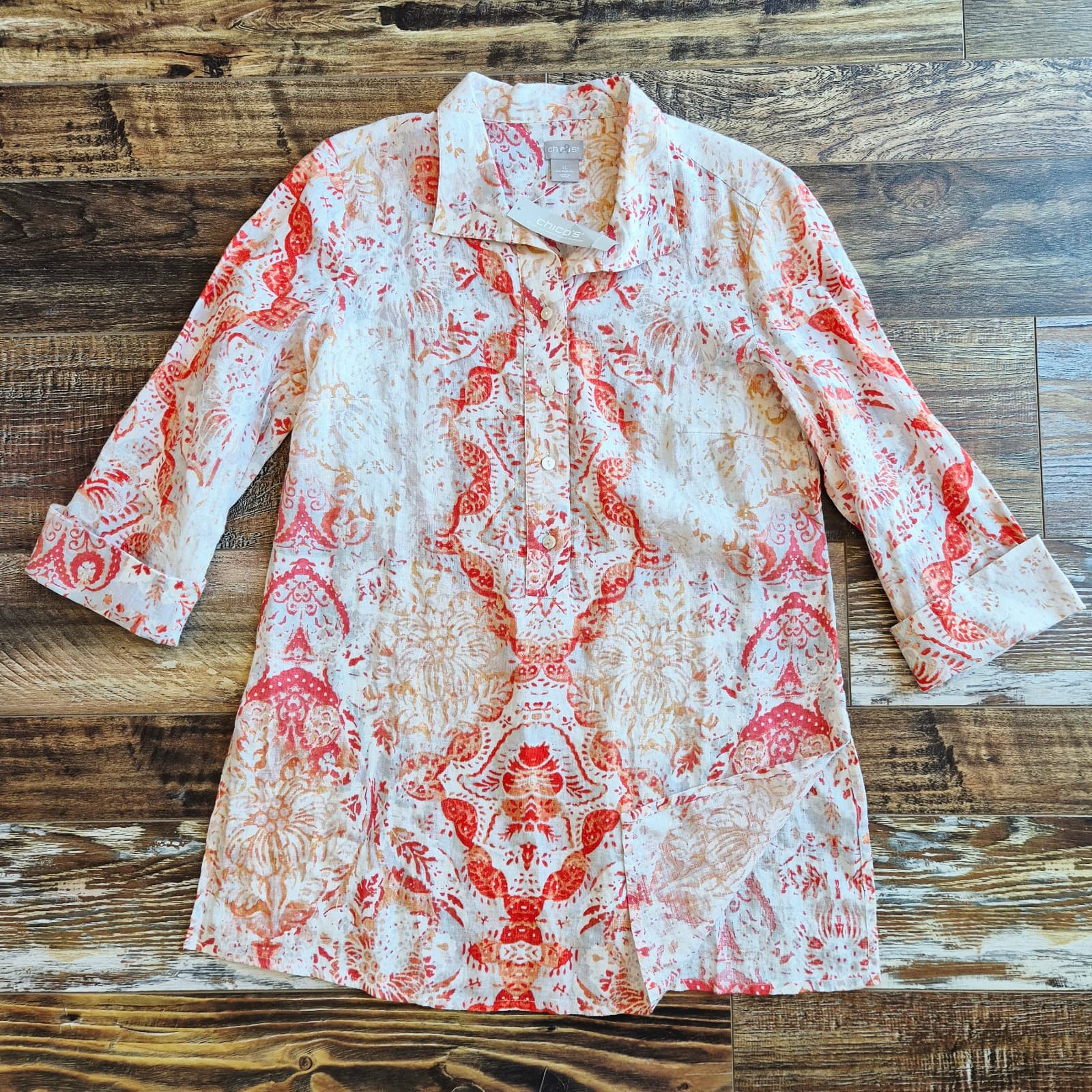 NWT Chico's Linen Tunic Popover Medallion Print Top Button 3/4 Sleeve Sz.0 (4/6) - Thumbnail 3