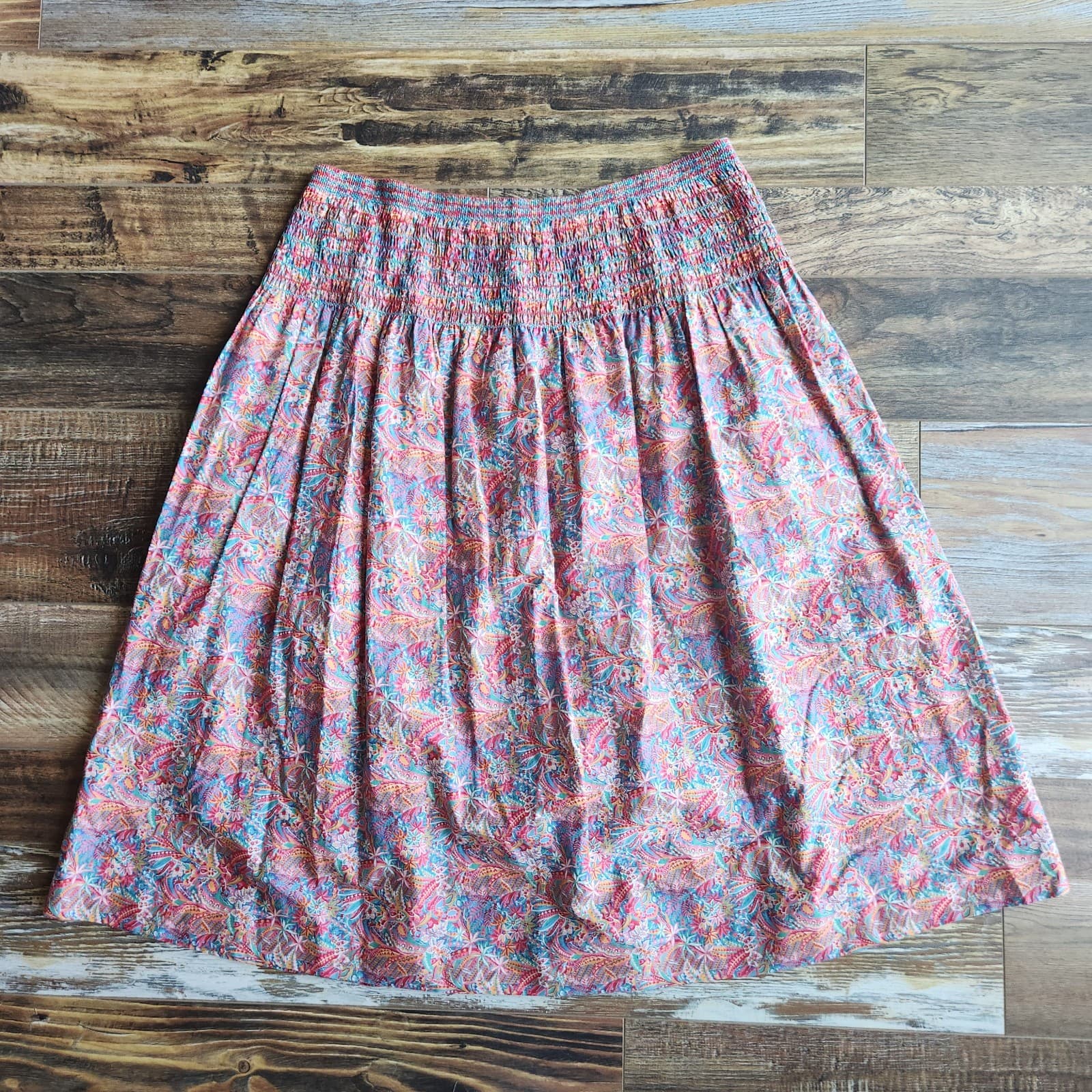 Liberty Plus Made in England Cotton Floral Smocked Midi Skirt Pullon Waist 34" - Thumbnail 4