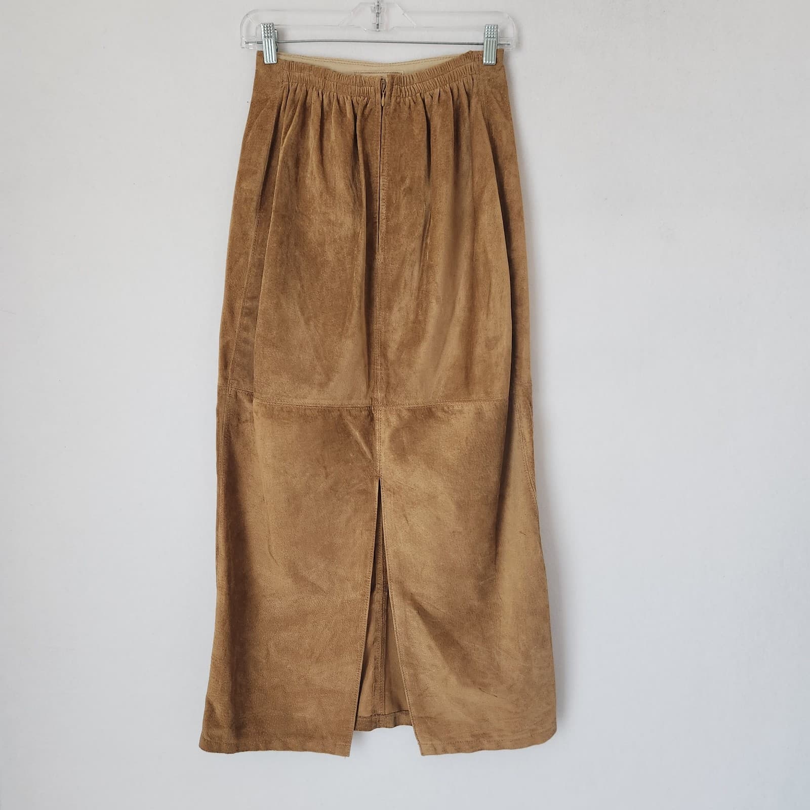 Vintage Double D Ranch Brown Suede Maxi Skirt Elastic-Waist Back-Slit Sz.S - Thumbnail 4
