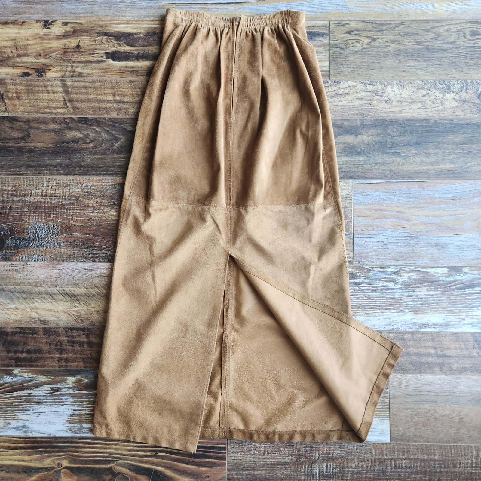 Vintage Double D Ranch Brown Suede Maxi Skirt Elastic-Waist Back-Slit Sz.S - Thumbnail 5