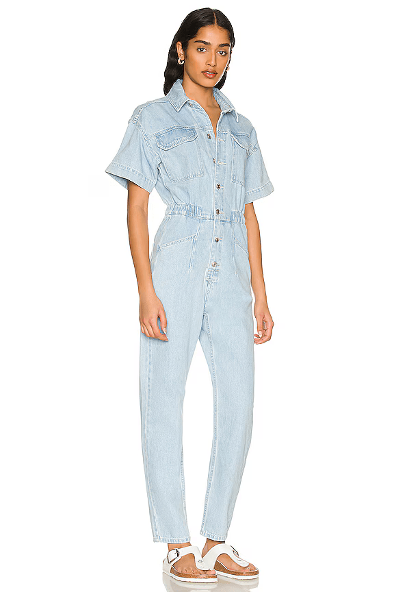 NWoT We The Free Marci Denim Jumpsuit Button Short Sleeve Light Washed Blue Sz.S - Thumbnail 2