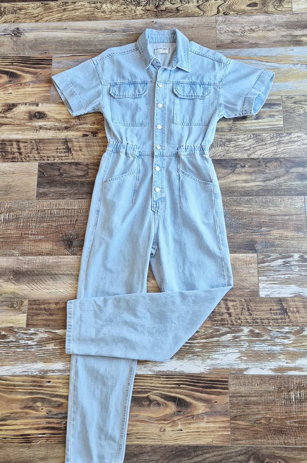 NWoT We The Free Marci Denim Jumpsuit Button Short Sleeve Light Washed Blue Sz.S - Thumbnail 3